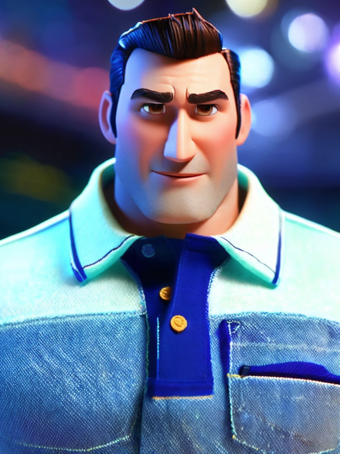 HOMEM, (estilo pixar) (obra-prima:1.2) (bokeh) (melhor qualidade) (pele detalhada) (textura detalhada) (8k) , WEARING A BLUE POLO SHIRT AND WEARING JEANS , (claymation) (cinematic lighthing) (foco nítido