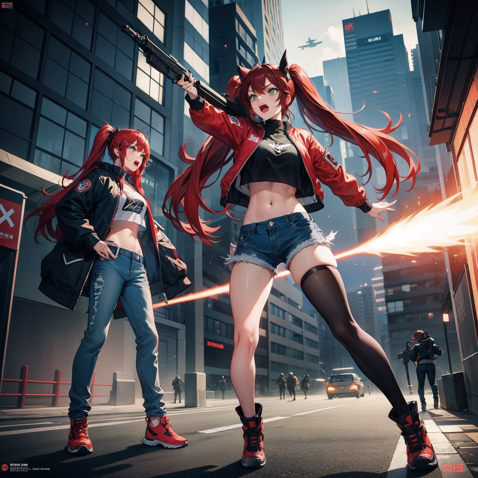 Highly detailed, stylized digital artwork featuring characters from a cyberpunk setting.    The subject is a muscular, plump, light-skinned sexy woman crouching on a rooftop with a cityscape of neon lights and skyscrapers in the background.    The character has intense red eyes, wears a hooded cape, miniskirt, and comes with red and black tactical gear, including fingerless gloves, arm guards, and various straps and buckles.    Holding a katana and wearing red war paint on his face.    The overall tone is mainly dark, with eye-catching red to create a dramatic and strong atmosphere.