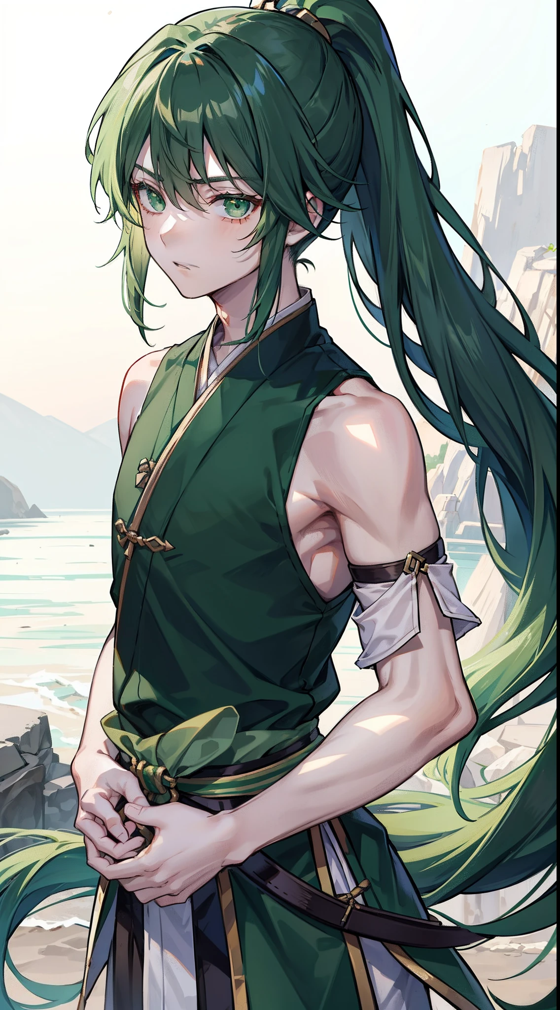 young boy, long dark green hair, high ponytail, green eyes, battle hanfu, sleeveless, open chest, Masterpiece, hiquality