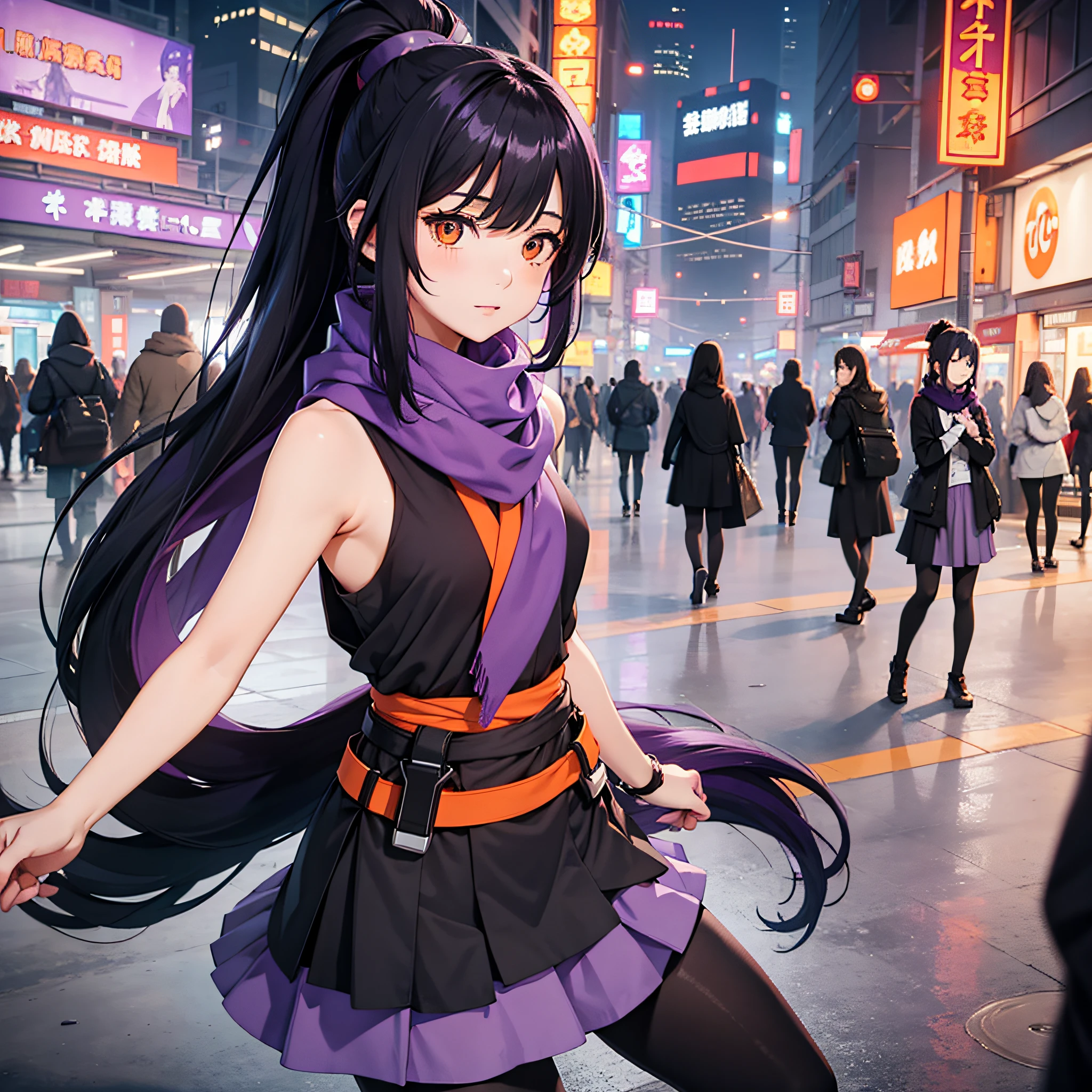 orange eyes, long purple scarf, sleeveless shirts, young 1girl, solo, sakifuwa, glazed eyes, very long hair, ponytail, black hair, ahoge, black tights, long leggings, purple strain of hair, very purple long skirt, stylish at cyberpunk, night time