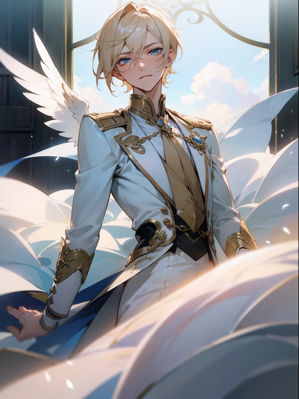 masterpiece, best quality, male character, light blonde hair, blue eyes, silky hair, chin length hair hair, short hair, angelic, white, feathers, bright, stylized character design, high quality character design, detailed character design, great character design, male, highly detailed outfit, sickly, elegant, eichi, eichi tenshouin, smug, frontage, lateral face, lovely boy, perfect face, detailed eyes, elegant, handsome man, facing camera, elegance, handsome, light background, light room, candid, neutral face, indoors, clouds, pale lighting, relaxed, peaceful, beautiful, happy, kind, gentle, tall man, sexy anime man, hot, detailed background, avant- grade , original, rgkg, bishonen, bishi, gold details, white outfit, light outfit, pastel, muted colours, unique pose, tired eyes, fine ensemble stars, idol