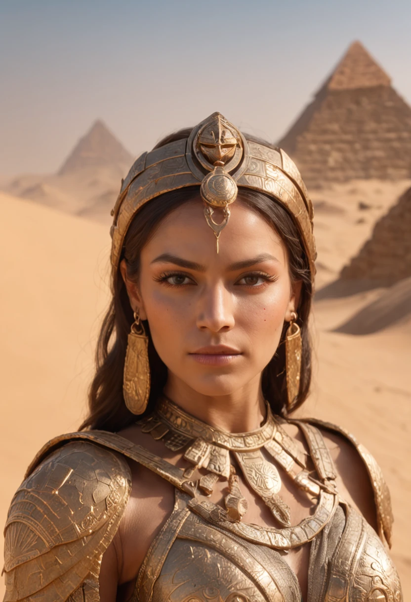 highly detailed, 4k, cinematic photo of a desert warrior princess, her eyes reflecting the endless dunes and her attire adorned with golden scarabs and intricate hieroglyphs. She stands defiant against a backdrop of pyramids and a setting sun, beautiful, close up, young, dslr, 8k, 4k, ultrarealistic, realistic, natural skin, textured skin,, (social realism style),  highly detailed,  Dynamic cinematic close shot, 6k resolution, of a model chiseled in ethereal armor, each plate reflecting a different hue of the rainbow. Standing on a cliff, the sun casts brilliant reflections, turning the surrounding environment into a spectrum of colors, embodying the strength and beauty of diversity, award-winning, professional,  by  (alice x. zhang), vibrant,