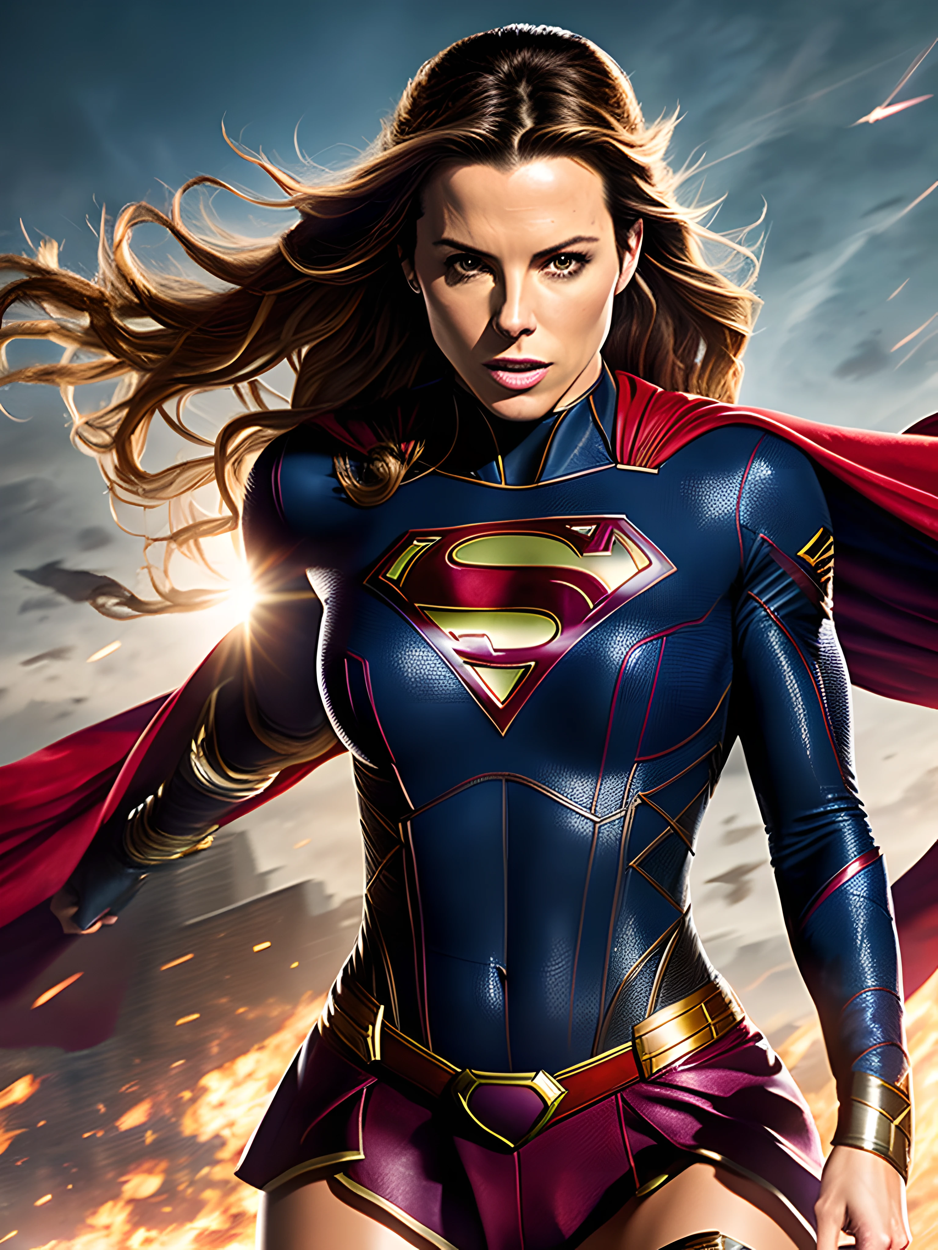 "Kate Beckinsale is Supergirl, wearing a Supergirl costume with sexy physique, young face, intricate Supergirl costume, long pony tailed hair, showcasing her strength and determination while walking. Ultra high definition and resolution, capture every detail of her intense expression and powerful stance. Photorealism brings her presence to life."