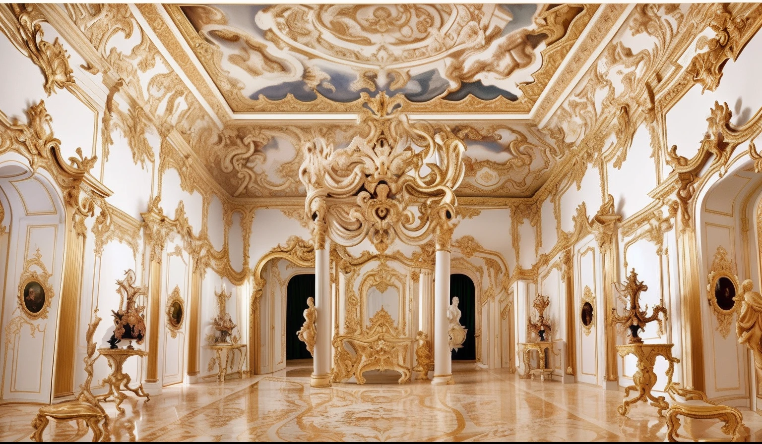 um close up de uma grande sala com um lustre e um lustre, dentro de uma grande sala ornamentada, inside a palace, Interior of the Royal Palace, rococo style, interior barroco, Rococo and Baroque styles, Rococo architecture, rococo baroque, interior real, # RococoStyle, Ambiente barroco, The style of the rococo, estilo barroco, lavish rococo baroque setting