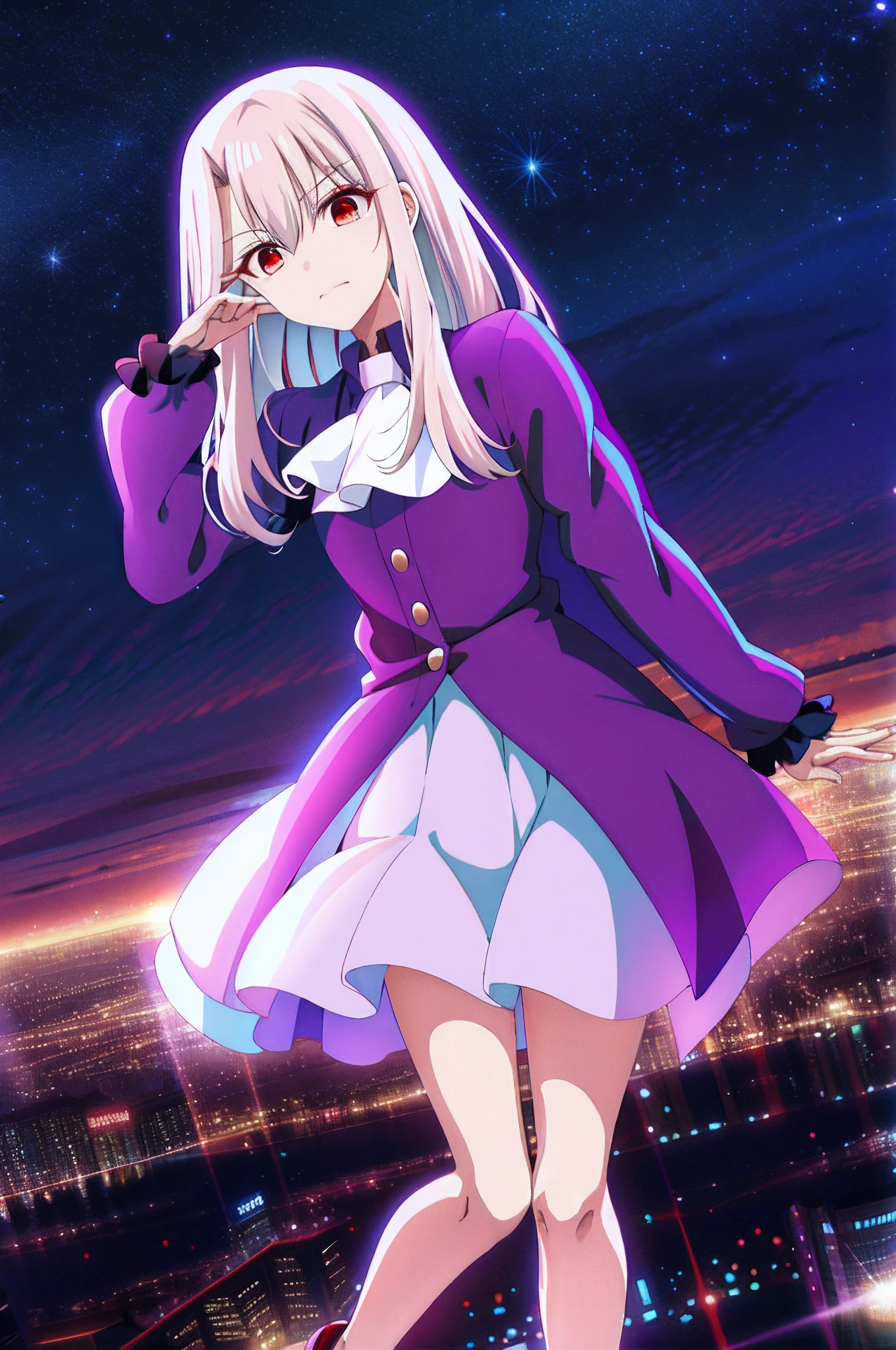 (tmasterpiece:1.4), (best qualtiy:1.4), 1girll, 独奏, kawaii,under below, standing on your feet, Red eyes, White hair, long whitr hair, (Eliasville, Edsborn:1.2), By bangs, The hair is between the eyes, scowling, looking at viewert,Purple shirt,white skirt,purple ascot, 城市, view over city, Skysky, the night,full bodyesbian,