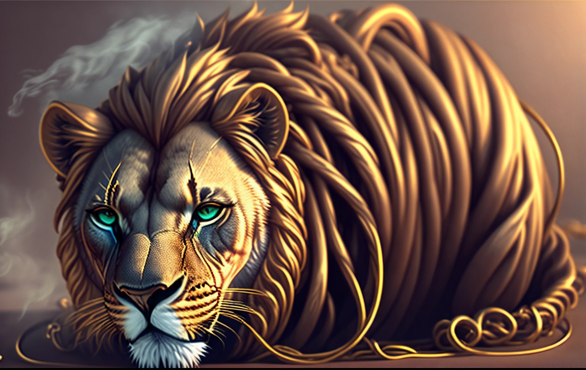 Lion wrapped in golden cords, white mist, 8k ultra HD, high details, vibrant, ray trace, unreal engine render