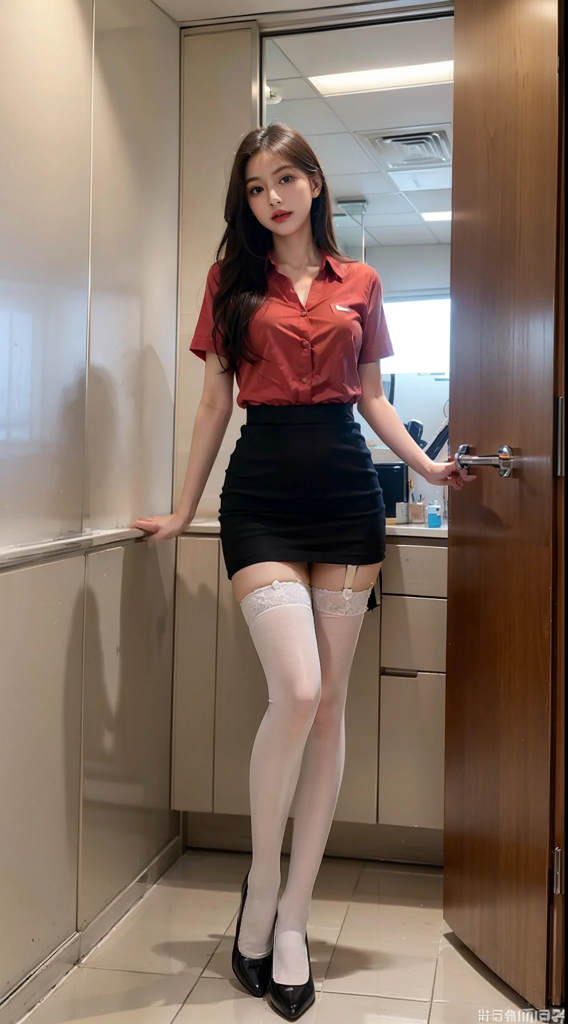 best qualtiy, Full body like，Refined face，pretty  face，Long white legs，20yo woman，slimfigure，Bigchest，Red office lady uniform，Office wear，white stockings，Bathroom scene，yellow long hair