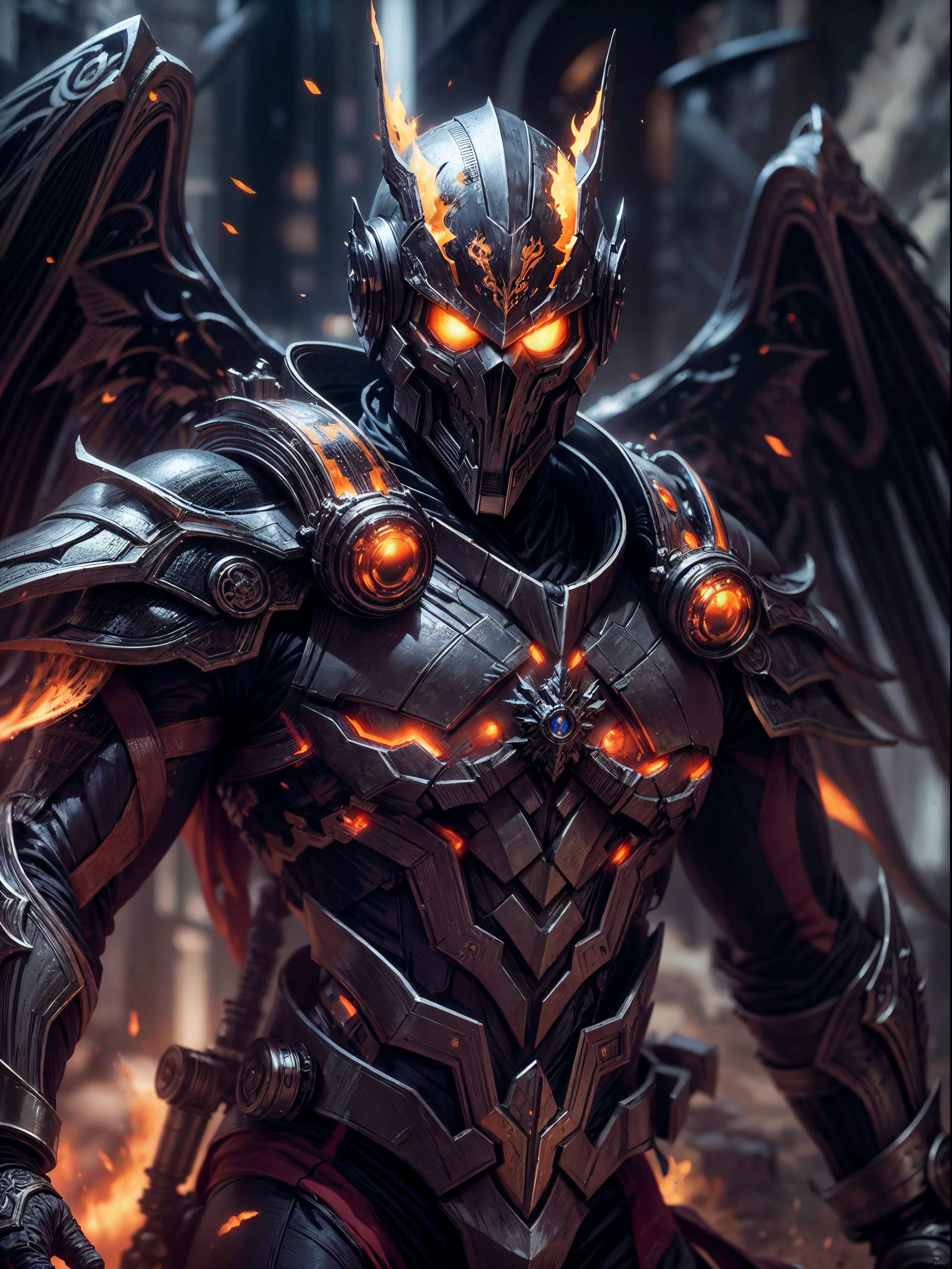 An intricate image of a Futuristic power-suit with armor and ai, that resembles a assasin with demon skull helmet with glowing cyclopse ember eyes, intricate metal wings, with flame thrower, Superhero landing pose, in an medieval mmorpg world, micro-details, photorealism, one light, dark photo, deep shadows, shallow depth of field, photorealistic, Surrealism, high quality, masterpiece, 8k, 8k, super detail, full body portrait, extremely muscular, scratched, dented, battle scars, flying with his boosters