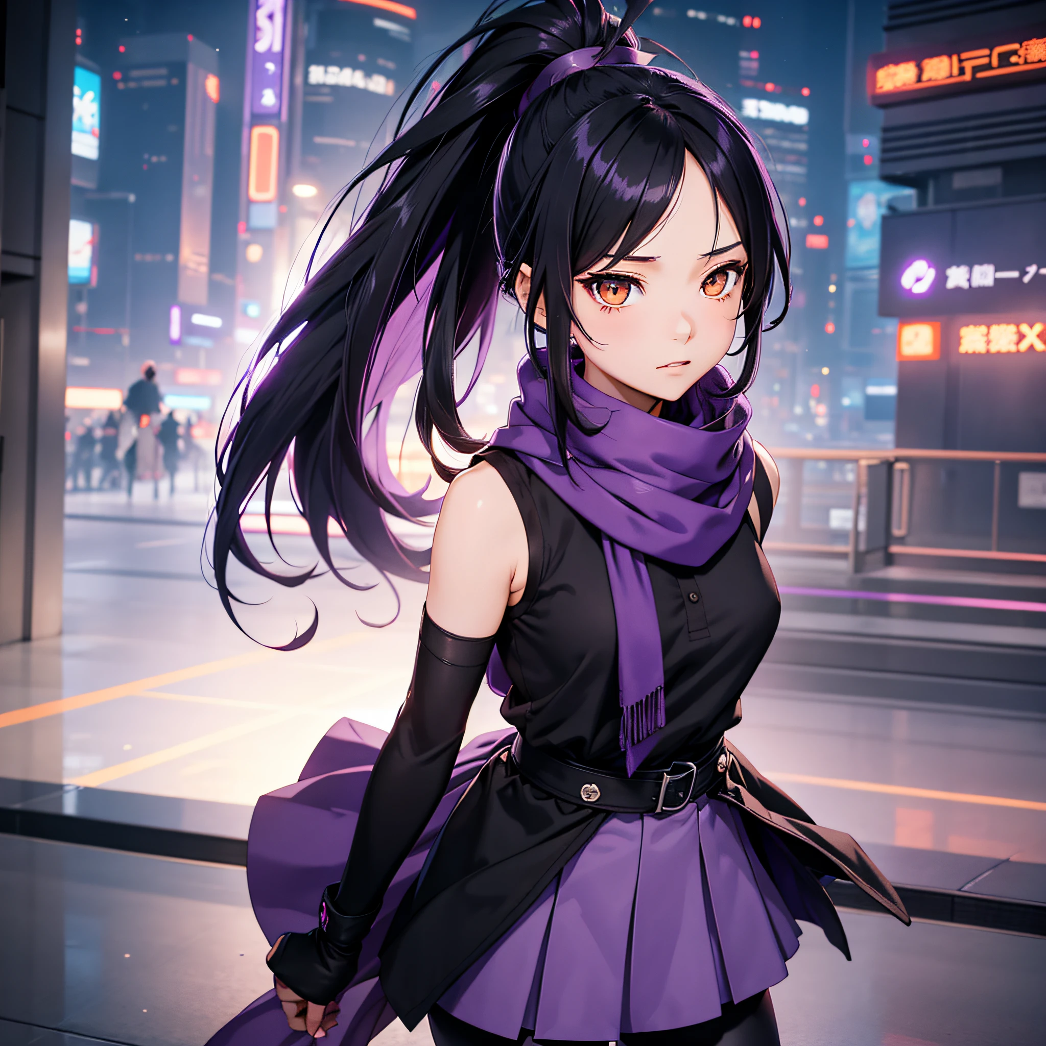 orange eyes, long purple scarf, sleeveless shirts, young 1girl, solo, sakifuwa, glazed eyes, very long hair, ponytail, black hair, ahoge, black tights, long leggings, purple strain of hair, very purple long skirt, stylish at cyberpunk, night time