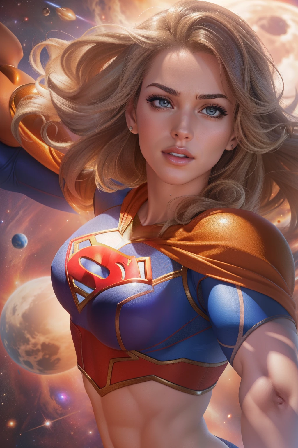 ( Masterpiece, 4k resolution, ultra-realistic, very detailed) Sexy Supergirl revealing abs midriff large breasts blowing up a planet photography by artgerm, in the style of realism, glistening skin, cartooncore, mangacore, natural lighting, Defined full lips. Muscular fitness feminine body (In space)