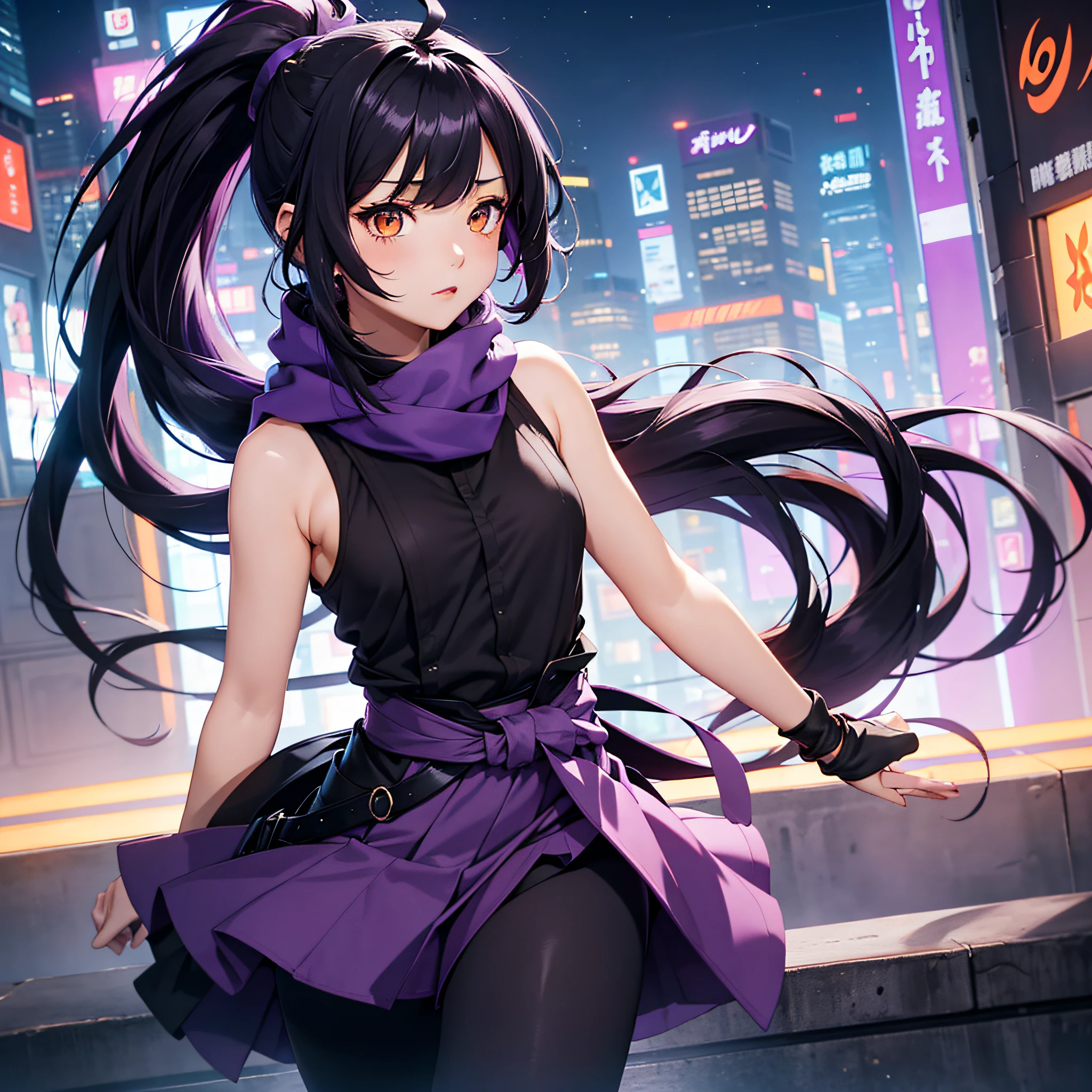 orange eyes, long purple scarf, sleeveless shirts, young 1girl, solo, sakifuwa, glazed eyes, very long hair, ponytail, black hair, ahoge, black tights, long leggings, purple strain of hair, very purple long skirt, stylish at cyberpunk, night time