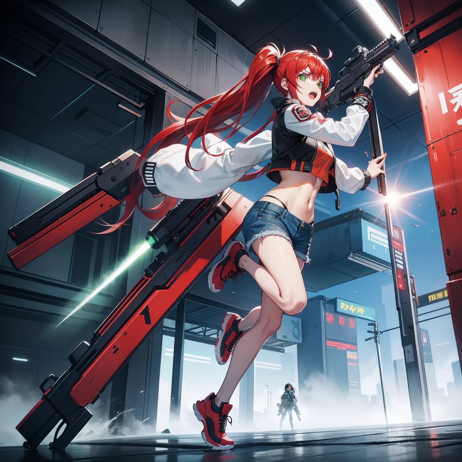 Full body shot, female asian Irina Shidou red hair twintails green eyes, in a cyberpunk city, wearing a bomber jacket and crop top and denim shorts, standing next to a Nissan GT-R, holding a big machine gun, holding a long laser rifle, shooting laser rifle, shooting lasers up at the sky, missile strike, rocket launch, rapid fire, explosions, running and jumping, open mouth, screaming, frontal shot, side shot, rear shot, back shot, behind shot, masterpiece, highly detailed