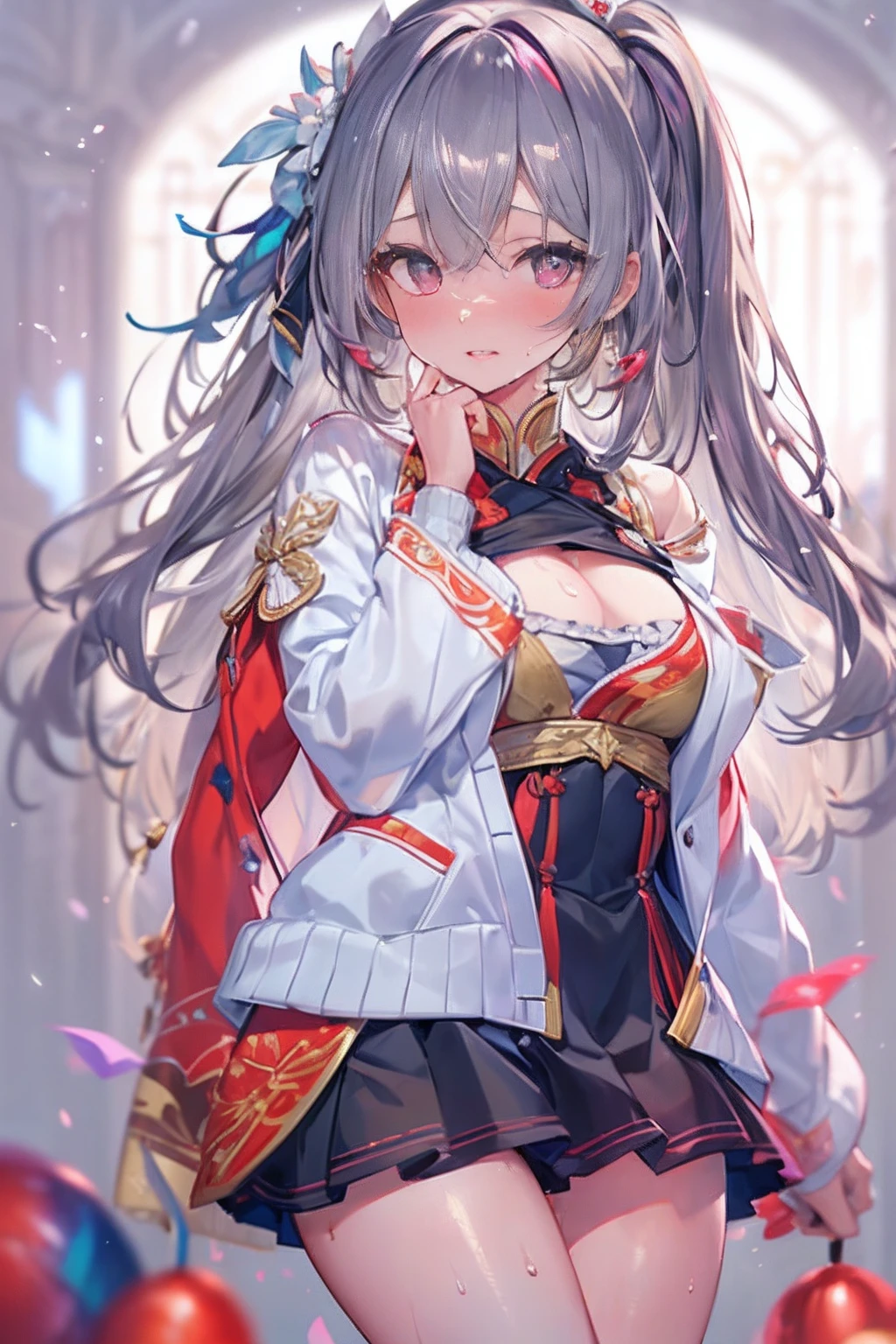 (((masterpiece)))、(((top-quality)))、((ultra-detailliert))、(illustratio)、((extremely delicate and beautiful))、Bright smile、floating、purple color hair、(Detailed light) (1girl in)、独奏、The long-haired、The wind is blowing、A WORLD、(cute eye)、Realistic, ultra-detailliert, (Shiny skin, full of sweat:1.4), Looking at Viewer, slender, Solo, Miniskirt, Long hair, White hair, (thick thighs:0.5), Dynamic lighting,Sharp Focus, depth of fields, , Ultra-detailed face, best quality face, Adult,, 18 years old, Adult, intricate detailed outfit, Sexy Pose, Glowing red dress, Cute, kawaii,finely detailed eyes, Blushing, Red cheeks, Realistic, Glowing eyes, Fluffy jumper, Skirt, Parted lips, blush, Cute, , finely detailed eyes, Embarrassed expression, long_hair, Blushing , Photorealistic, Asian, mix4