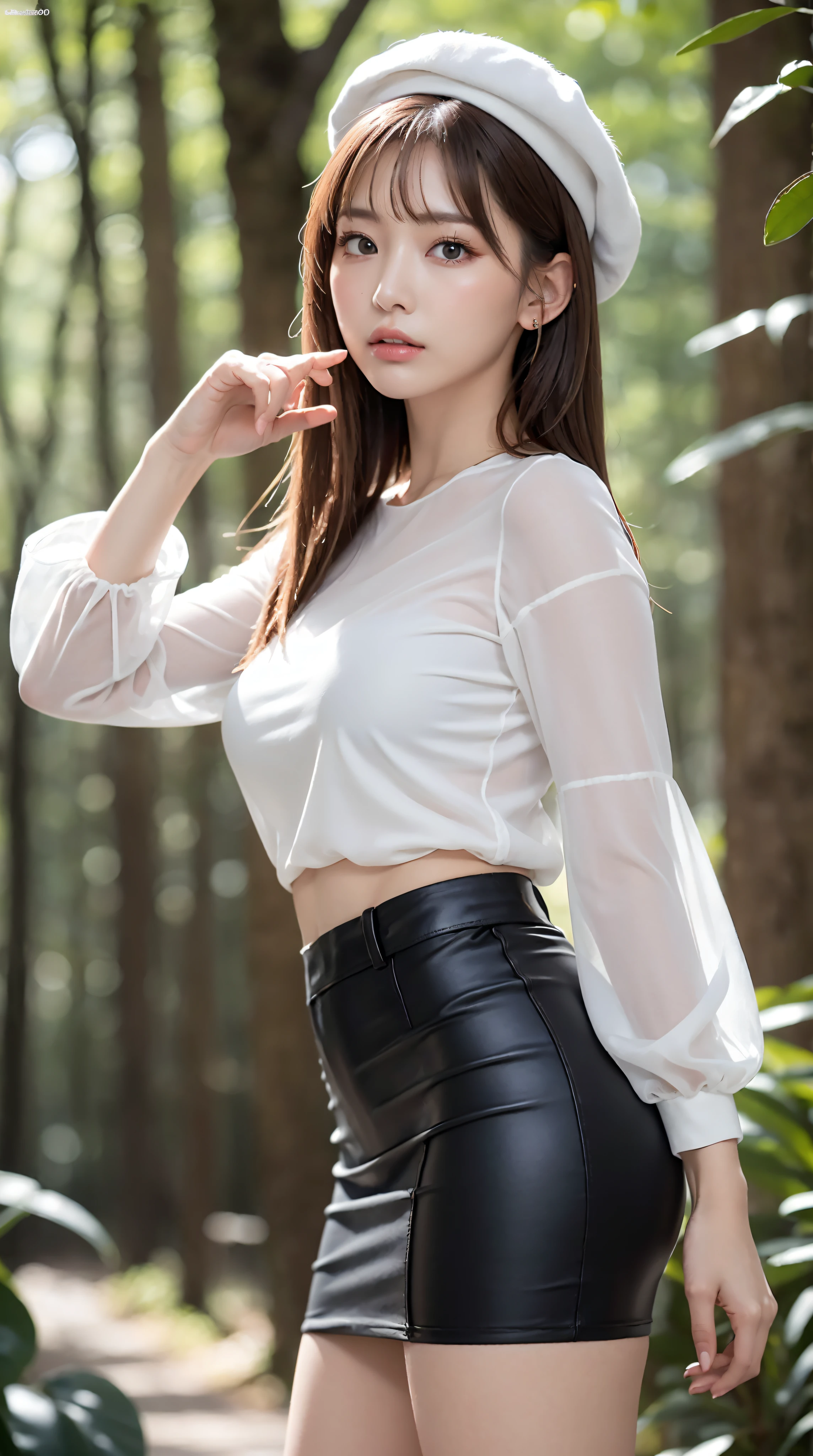 (Best Quality, masutepiece, Ultra HD: 1.3), 1girl in, middlebreasts, light brown hair, Blunt bangs, hair behind ear, hair over shoulder, Long hair, slender body shape, Ultra Fine Face, Delicate lips, Beautiful eyes, thin blush, eyes are light brown, perfect glossy skin, flawless skin, Glistening sweat, View here, Ultra-thin hands, Ultra-fine fingers, best ratio four finger and one thumb, (realisitic:1.3), Finger Extensions, See-through white blouse, White see-through tight skirt, Supermodel legs, Low Heels. White beret, Eye-Level Shot, bustshot, 8K,Broad-leaved forest