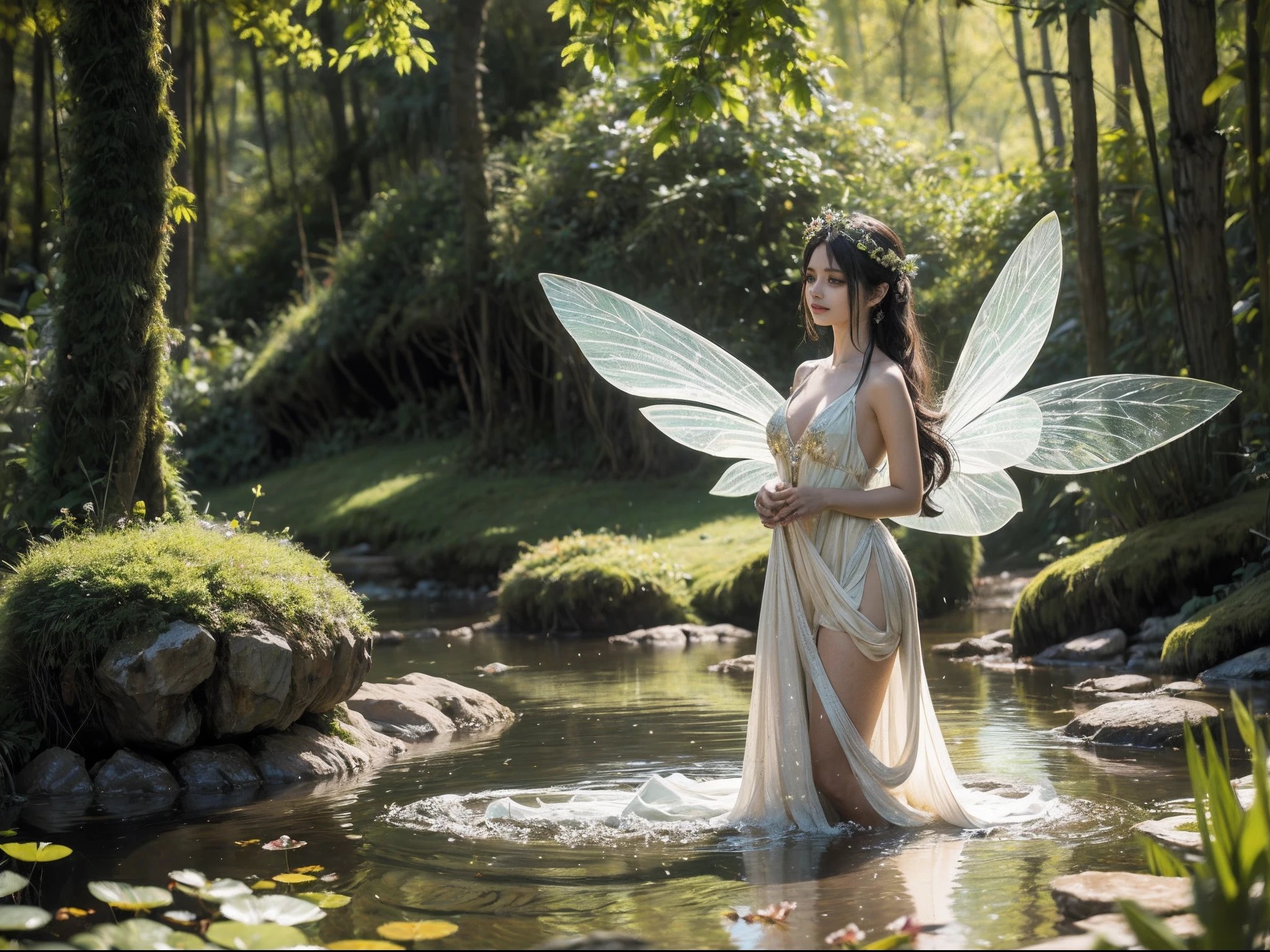 "A mesmerizing and enchanting depiction of a captivating 'Flower Fairy' in a pristine and magical woodland with a pond close to a waterfall setting, with delicate and vibrant flowers adorning her flowing gown. The fairy possesses an otherworldly beauty with ethereal wings, her graceful pose exuding a sense of wonder and magic. Let the colors come alive with a vivid and dreamlike atmosphere, drenched in soft sunlbeams and shimmering particles of pollen. Create a masterpiece capturing the essence of nature's enchantment and the mystical presence of the 'Flower Fairy'."