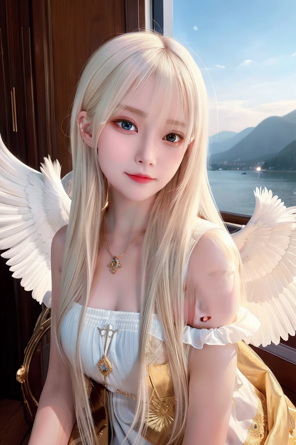 Masterpiece, Best quality, Ultra-detailed, illustration, Close-up, straight on, Face focus, 1girll, White hair, Golden eyes, Long hair, Halo, Angel wings, Serene expression, view the viewer