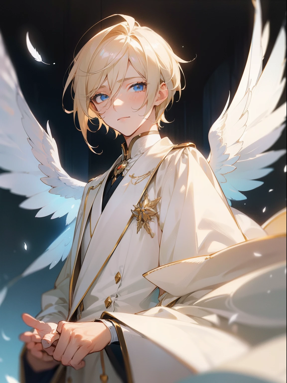 masterpiece, best quality, male character, light blonde hair, blue eyes, silky hair, chin length hair hair, short hair, angelic, white, feathers, bright, stylized character design, high quality character design, detailed character design, great character design, male, highly detailed outfit, sickly, elegant, eichi, eichi tenshouin, smug, frontage, lateral face, lovely boy, perfect face, detailed eyes, elegant, handsome man, facing camera, elegance, handsome, light background, light room, candid, neutral face, indoors, clouds, pale lighting, relaxed, peaceful, beautiful, happy, kind, gentle, tall man, sexy anime man, hot, detailed background, avant- grade , original, rgkg, bishonen, bishi, gold details, white outfit, light outfit, pastel, muted colours, portrait, tired eyes, fine ensemble stars, idol, model, slim, handsome male, angelic, bokeh, unique lighting, colourful shading, angels, halo, white wings, white feathers, heavenly, pale