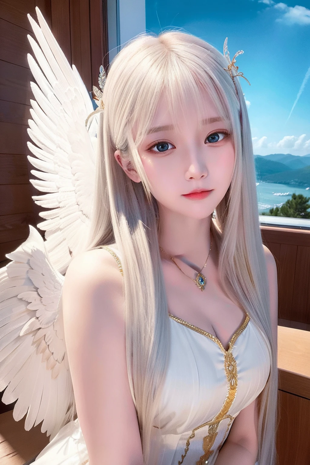 Masterpiece, Best quality, Ultra-detailed, illustration, Close-up, straight on, Face focus, 1girll, White hair, Golden eyes, Long hair, Halo, Angel wings, Serene expression, view the viewer