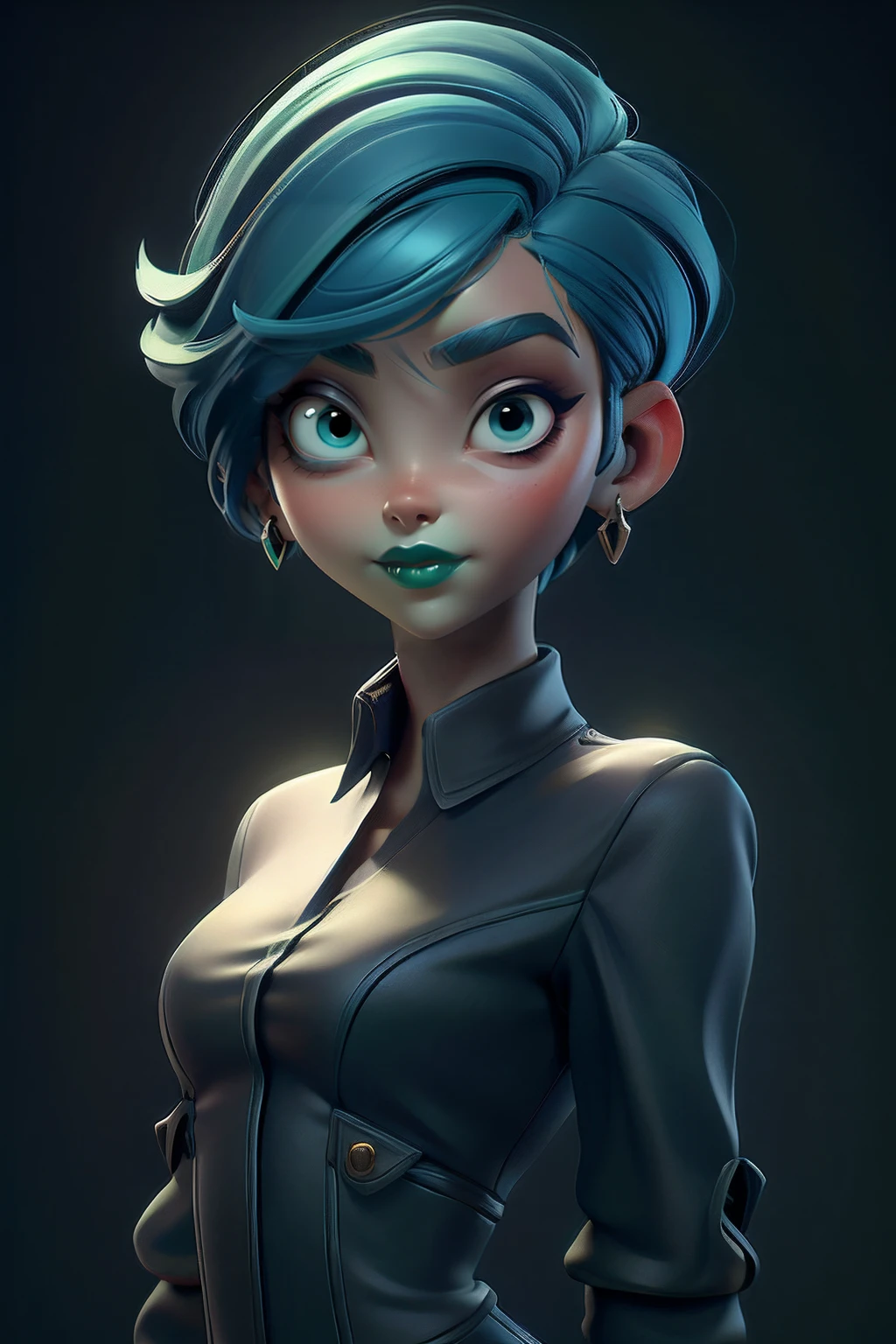 Personagem. De corpo inteiro, rosto estilo 3D, menina meiga e delicada, com cabelos longos coloridos,chocolate,Short blue hair,black t-shirt,green eyes,Round metal earrings,Silent colors,Black lipstick