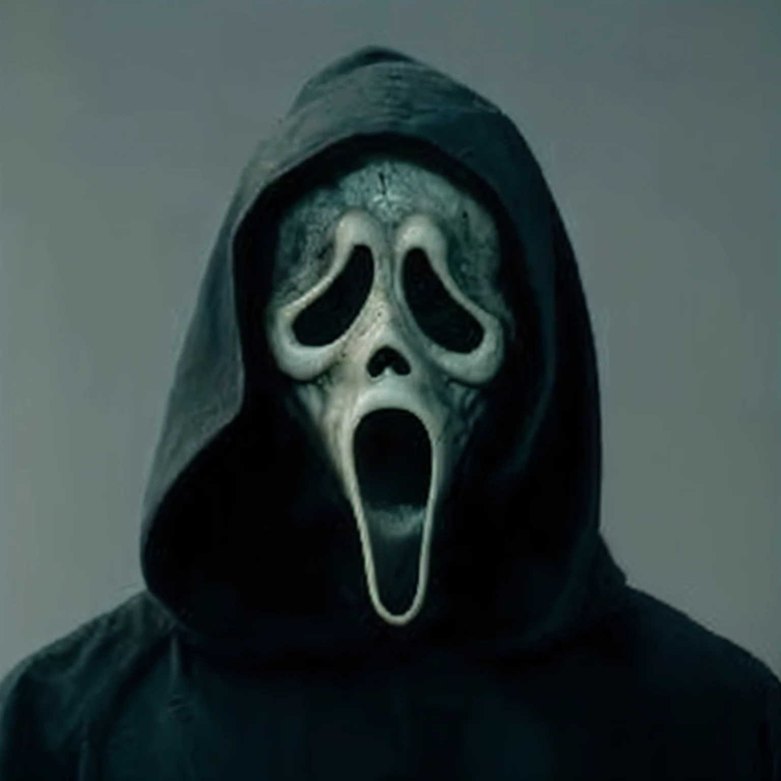 Ghostface, the iconic character from the movie Scream, is depicted in a scene with deep red lighting, creating a tense and unsettling atmosphere. He has his hand on his face as if pretending to be sad, but the expression is even more sinister due to the white, macabre mask. The camera is closely focused on his face, capturing all the details of the mask, including the dark eye sockets and the elongated, disturbing shape of the mouth. The background is completely dark, allowing for the upper half of the image to remain clear and unobstructed, providing ample space for text. This dark background in the upper portion seamlessly integrates with the overall ominous tone, making Ghostface stand out as if emerging from the shadows