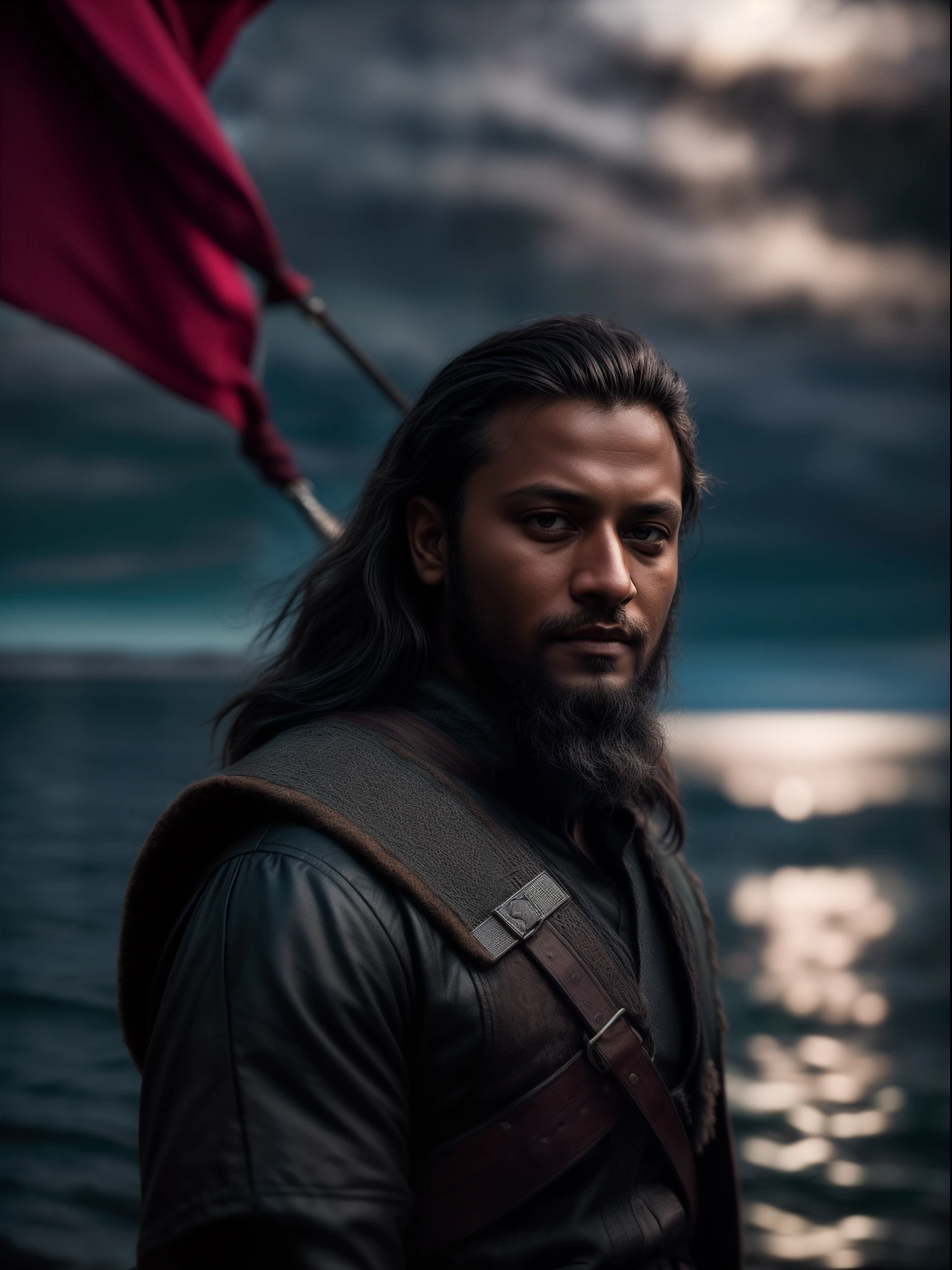 Realistic 16k image of Shakib al hasan as Ragnar Lothbrok (with black hair) onboard a viking longship, ((low angle hero shot)), (Upper body closeup), show Shakib as Ragnar navigating treacherous waters, Shakib al hasan as Ragnar is navigating his crew, show Shakib al hasan commanding the ship crew, this scene will be dark and scary, highlighting Shakib al hasan sailing on treacherous waters, dark tones with moonlit seas, dark and intimidating atmosphere like Viking series colour tone, ((sharp focus on portrait)), (balanced composition), high quality and realistic image, cinematic style, ((Best quality, 8k, Masterpiece), rough face, detailed skin, masterpiece, professional photography, (high detail:1 1), natural skin, (detailed face and eyes), (face: 1 2), noise, real photo, film photography, high resolution, 8k, realistic, 8k UHD, SLR camera, high quality, film grain, (Fujifilm X-T20, Fujifilm Fujinon XF 50mm f/2 R WR lens, Lens focal Length 50mm, Shutter speed 1/300 sec, APERTURE: 2, ISO: 80), volumetric lighting, dark background, dark fantasy, highly detailed, sharp focus, shallow depth of field, bokeh, blurry background, high contrast, contrast lighting, (dim colours), exposure blend, (dusty:1.3)