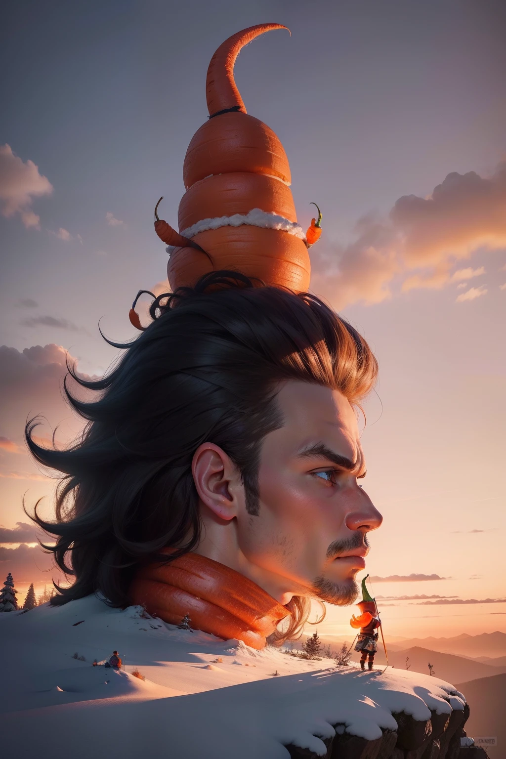 there is a man that is climbing a giant carrot mountain, twitch streamer / gamer ludwig, very accurate photo, very very high quality picture, very silly looking, pic taken from side, 1024px, great pic, eyvind, great side pic, very very high quality, profile picture.