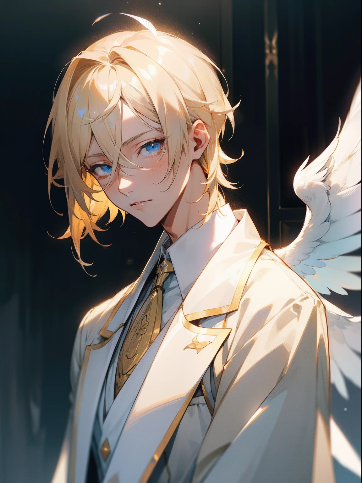 masterpiece, best quality, male character, light blonde hair, blue eyes, silky hair, chin length hair hair, short hair, angelic, white, feathers, bright, stylized character design, high quality character design, detailed character design, great character design, male, highly detailed outfit, sickly, elegant, eichi, eichi tenshouin, smug, frontage, lateral face, lovely boy, perfect face, detailed eyes, elegant, handsome man, facing camera, elegance, handsome, light background, light room, candid, neutral face, indoors, clouds, pale lighting, relaxed, peaceful, beautiful, gentle, tall man, sexy anime man, hot, detailed background, avant- grade , original, rgkg, bishonen, bishi, gold details, white outfit, light outfit, pastel, muted colours, portrait, tired eyes, fine ensemble stars, idol, model, slim, handsome male, angelic, bokeh, unique lighting, colourful shading, angels, halo, white wings, white feathers, heavenly, pale, mature, sickly, unwell, sick, selfish, cruel, soft expression