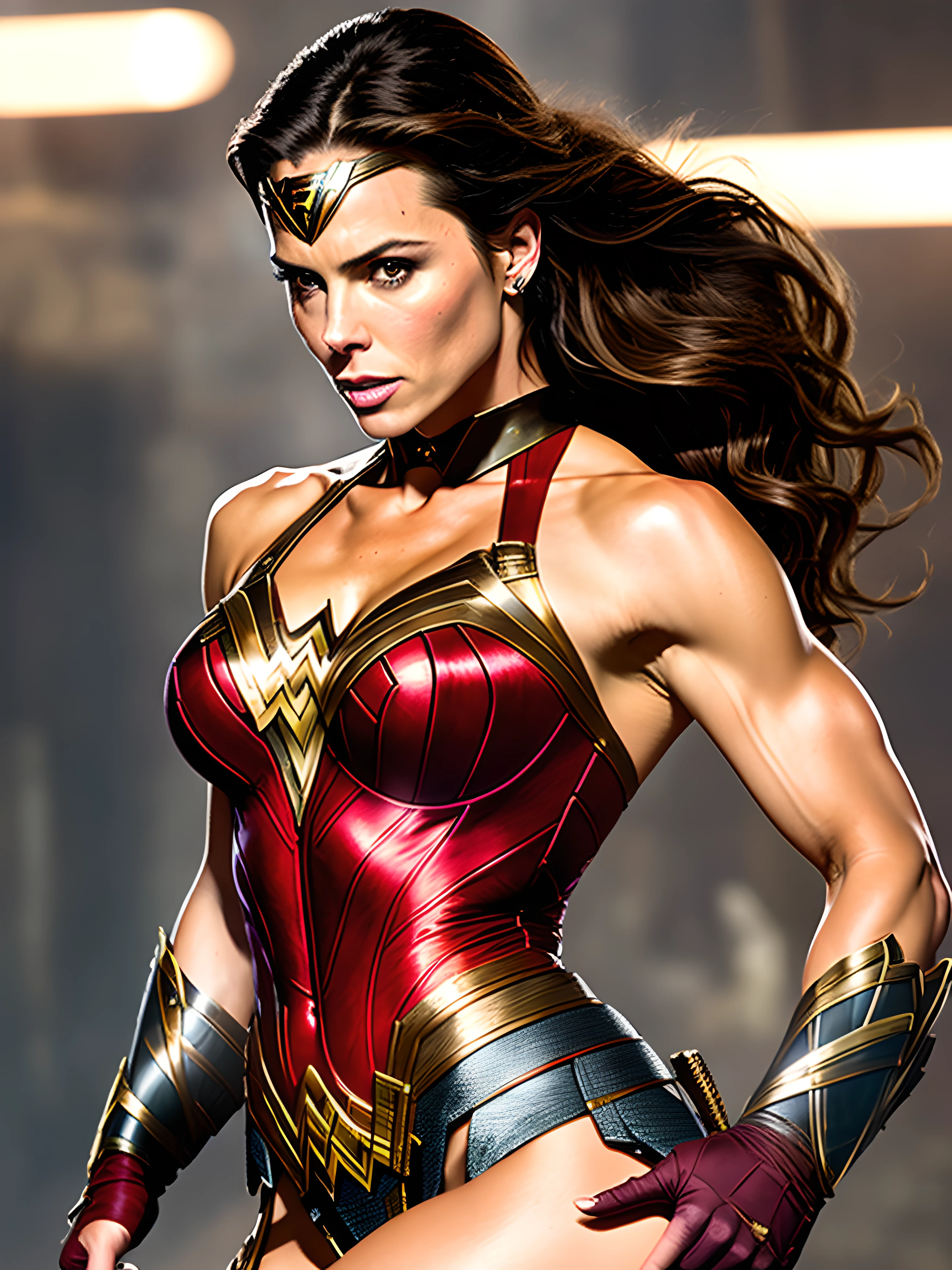 "Kate Beckinsale is Wonder Woman, wearing a Wonder Woman costume with sexy physique, young face, intricate Wonder Woman costume, long pony tailed hair, showcasing her strength and determination while doing an doing a Wonder Woman pose. Ultra high definition and resolution, capture every detail of her intense expression and powerful stance. Photorealism brings her presence to life."