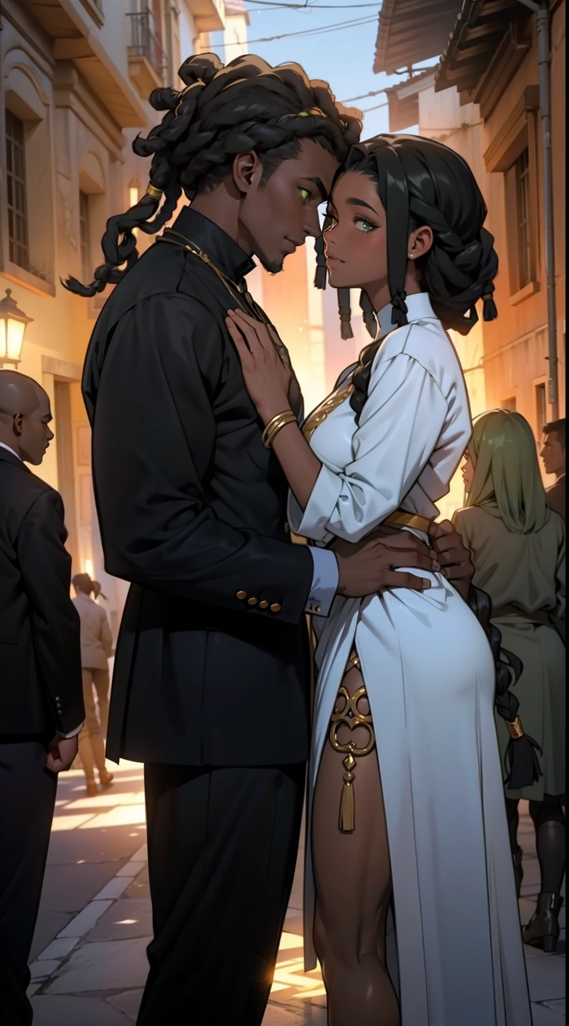 "Produza uma imagem de estilo anime que celebra o amor entre casais negros. A garota, pele negra, pele negra, pele negra 1.5, with black leather and thin African braids, possui ((olhos verdes)) encantadores. Seu parceiro, {de pele escura e cabelos: 1,5}, ((Dreadlocks curtos)), tem olhos brancos expressivos. Ambos usam casacos largos com detalhes dourados, adding a touch of sophistication. Ambientada em um jardim, a cena retrata beijos apaixonados entre eles. Transmita a intensidade do amor eterno entre esses amantes negros, highlighting their unique characteristics and the romantic connection they share."." Casaco ((camisolas estilosas, super na moda, super look))".