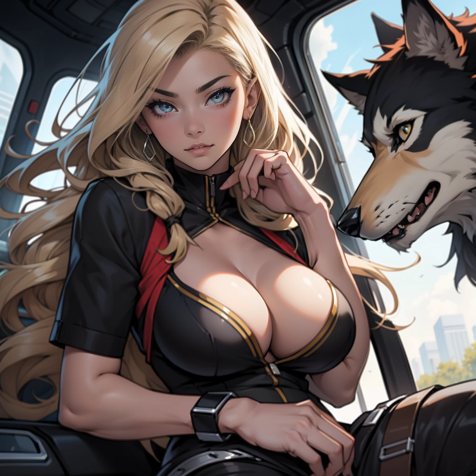 Human-wolf, woman,  anime big breast, realisticlying, futuristas, full bodyesbian, Long hair, Sexy, erotic style, ultra - detailed, High erotic quality, super adorable, noble, dressed in fashionable clothes, whaite hair.seductiv