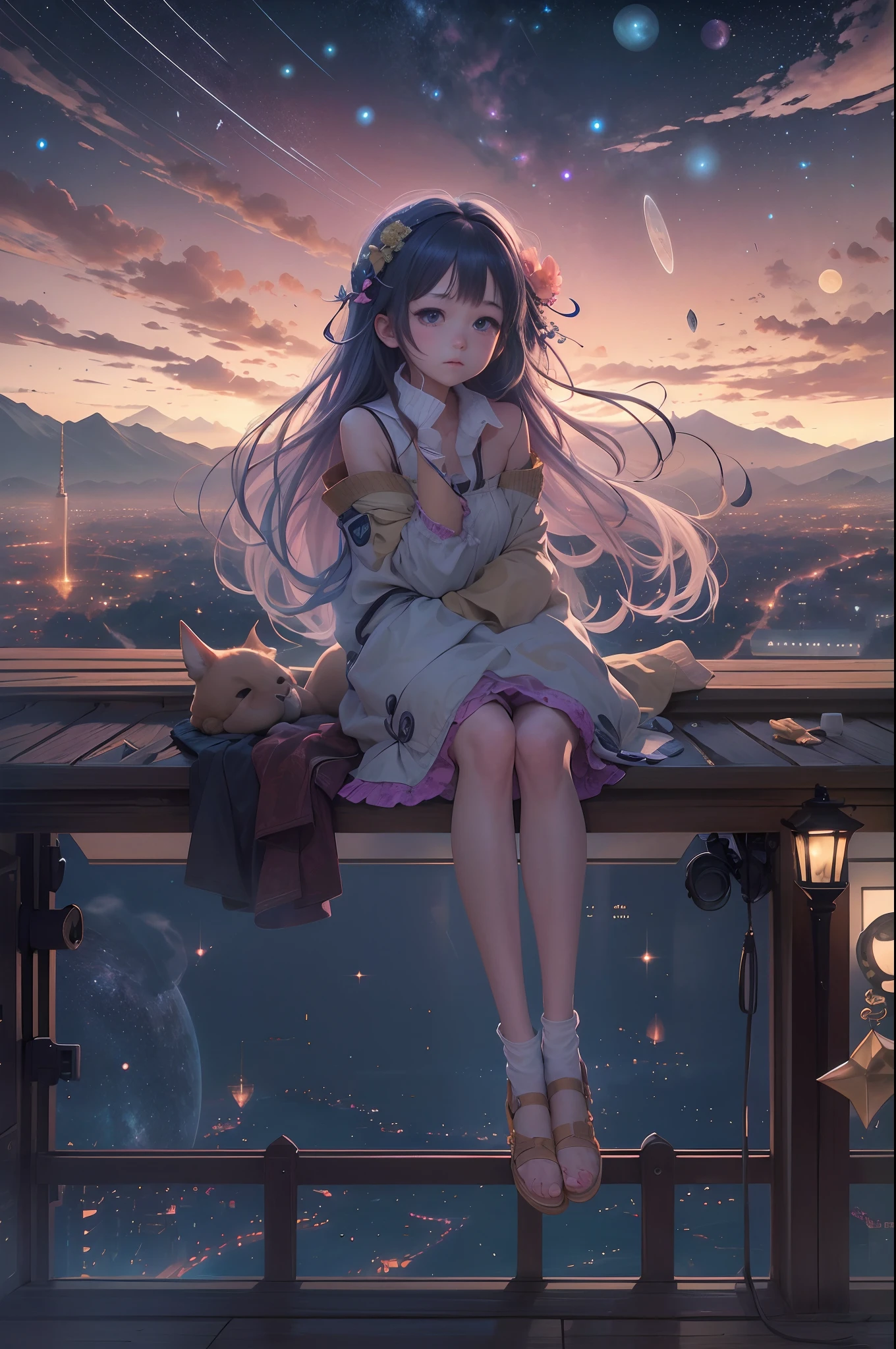 On a peaceful evening，In one piece（starrysky）below，A young girl outdoors，Be captivated by the vastness above。She sat on the roof，The gaze is drawn by the panoramic cityscape that stretches out in front of you，With distant ones（horizon）meet。Breeze gently（Brush through her hair），She sat there quietly thinking，（Soak up the tranquility of the heights）。The brightness of the stars overhead transforms the canvas of the night into one（Mesmerizing picture），As if directly from one（Magical realm）