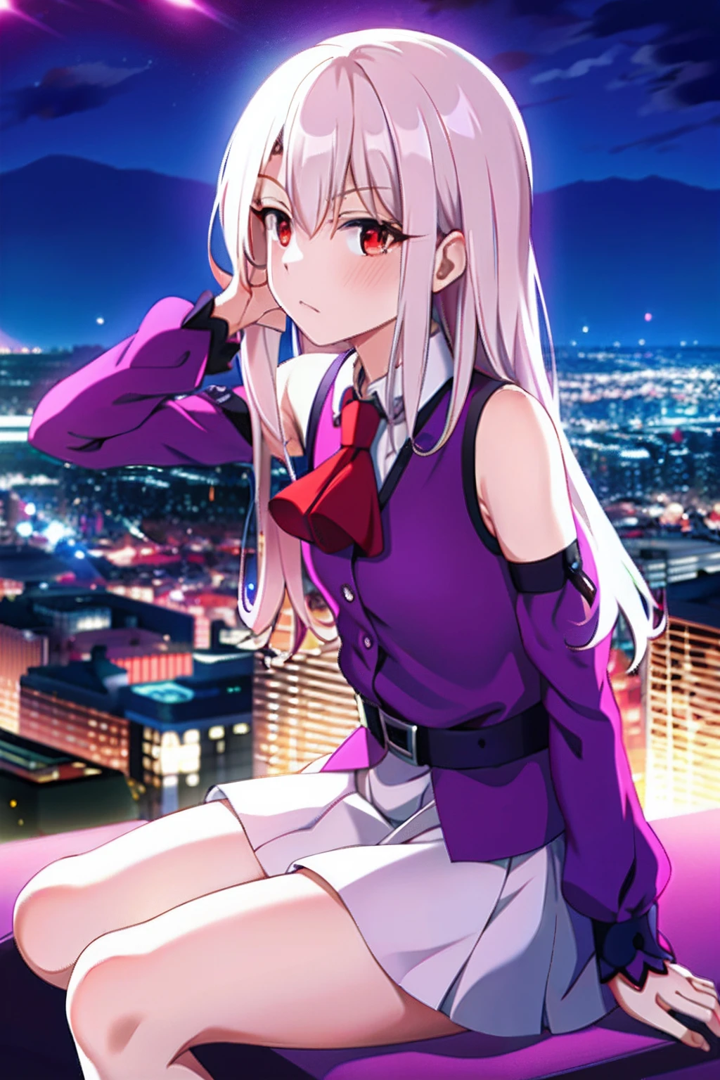 (tmasterpiece:1.4), (best qualtiy:1.4), 1girll, 独奏, kawaii, Armpits, Sat down,
red eyes, White hair, long whitr hair, (Eliasville, Edsborn:1.2), By bangs, The hair is between the eyes, scowling,
looki at viewer,Purple shirt,white skirt,purple ascot,
城市, view over city, Skysky, the night,full bodyesbian