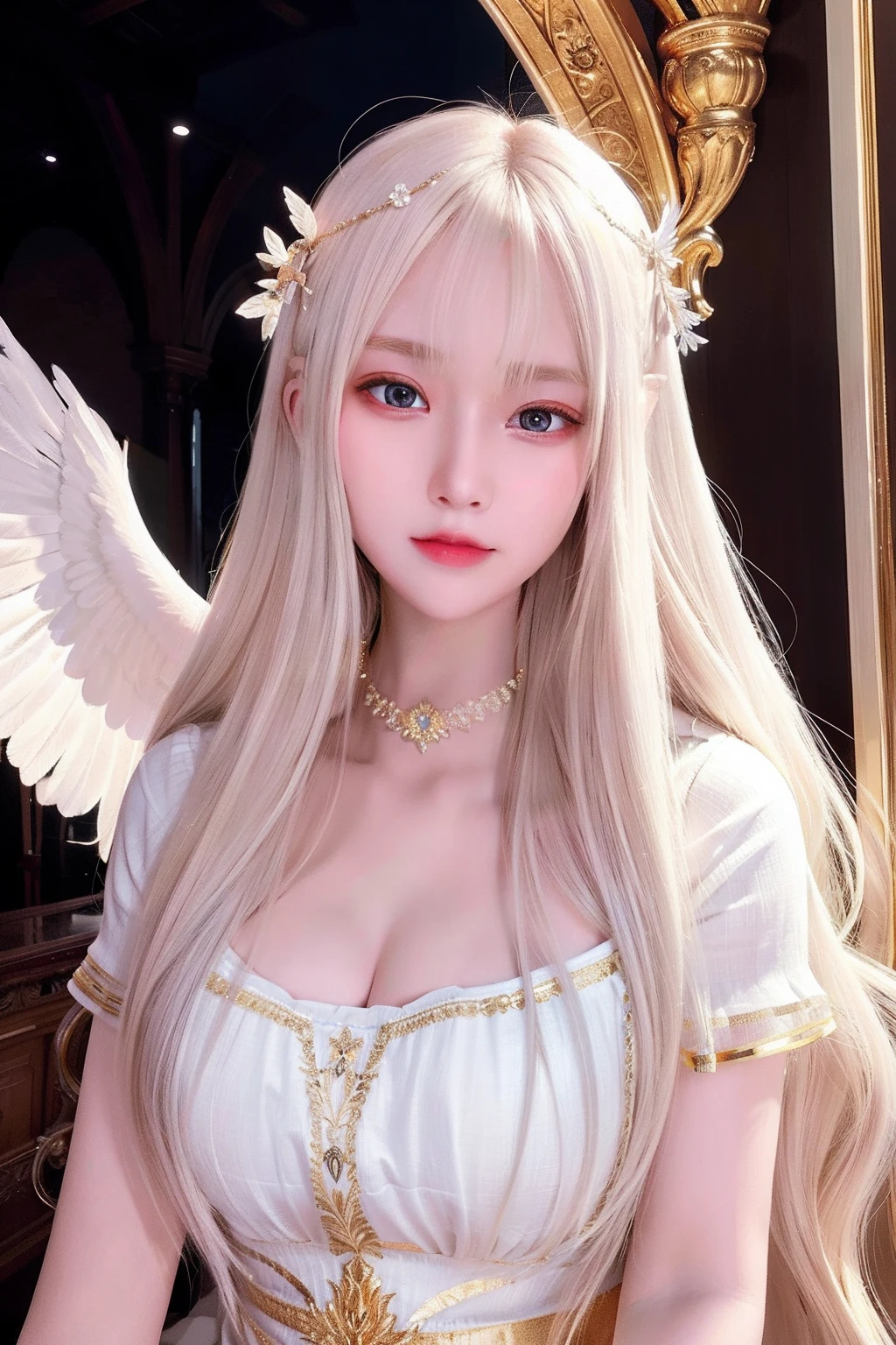 Masterpiece, Best quality, Ultra-detailed, illustration, Close-up, straight on, Face focus, 1girll, White hair, Golden eyes, Long hair, Halo, Angel wings, Serene expression, view the viewer