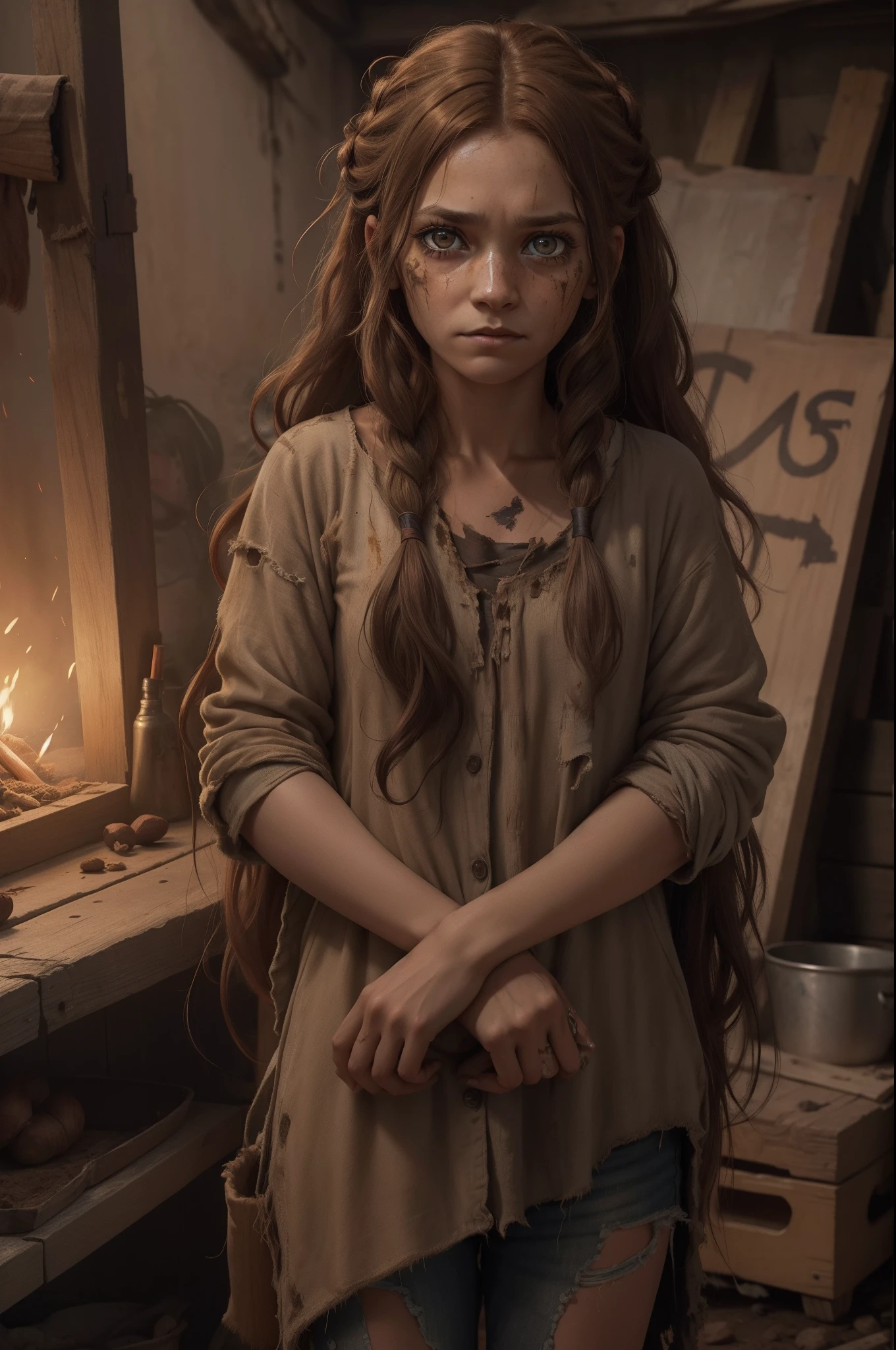 Nilsa's appearance is a mix of weariness and determination. Her chestnut hair is disheveled, and her once-bright eyes carry a haunted look. She wears tattered and dirt-streaked clothing that bears evidence of her captivity. Despite her circumstances, her demeanor remains resilient, and she occasionally flashes a defiant spark in her eyes.