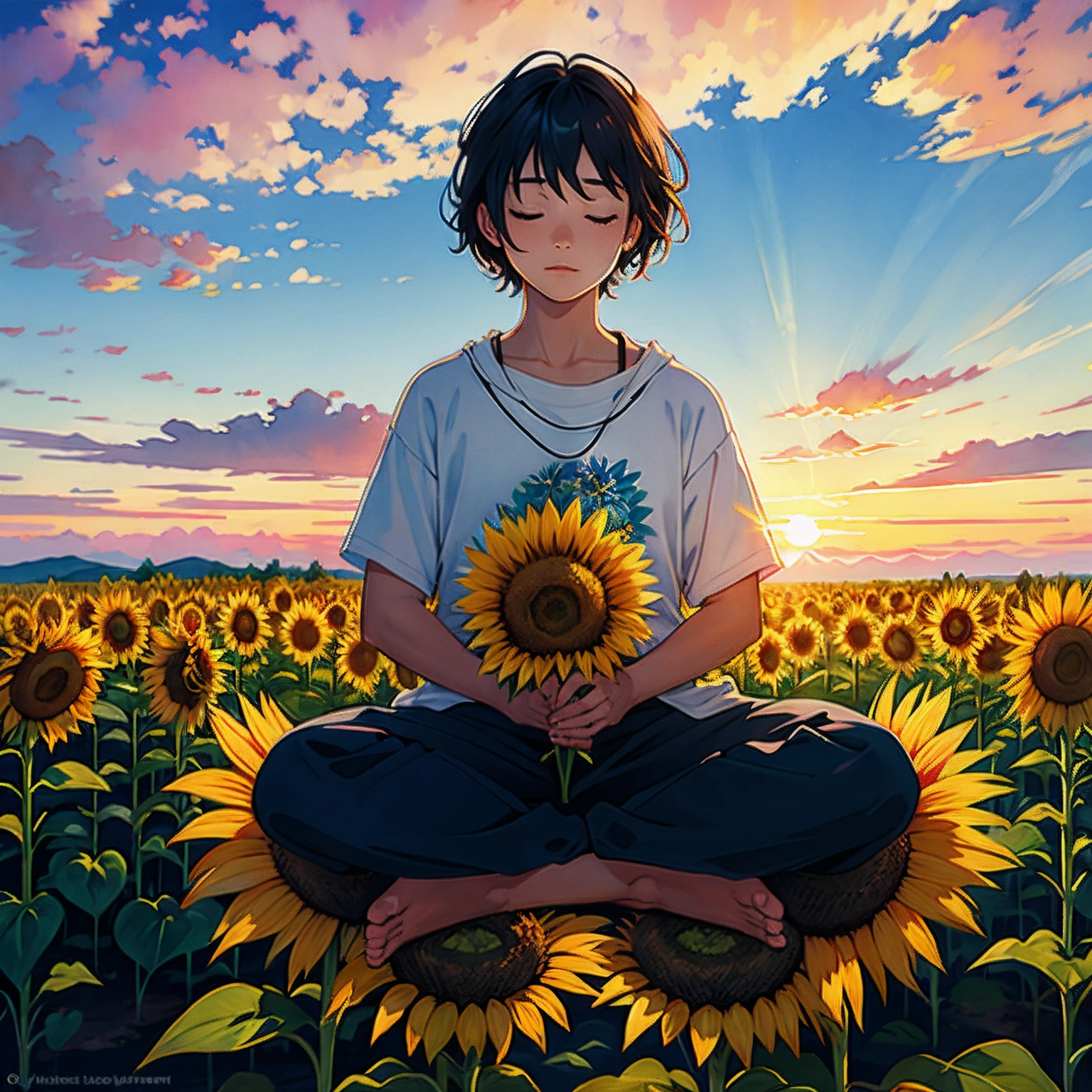 1 person in watercolor meditating at sunset with sunflower,A representation of Reiki