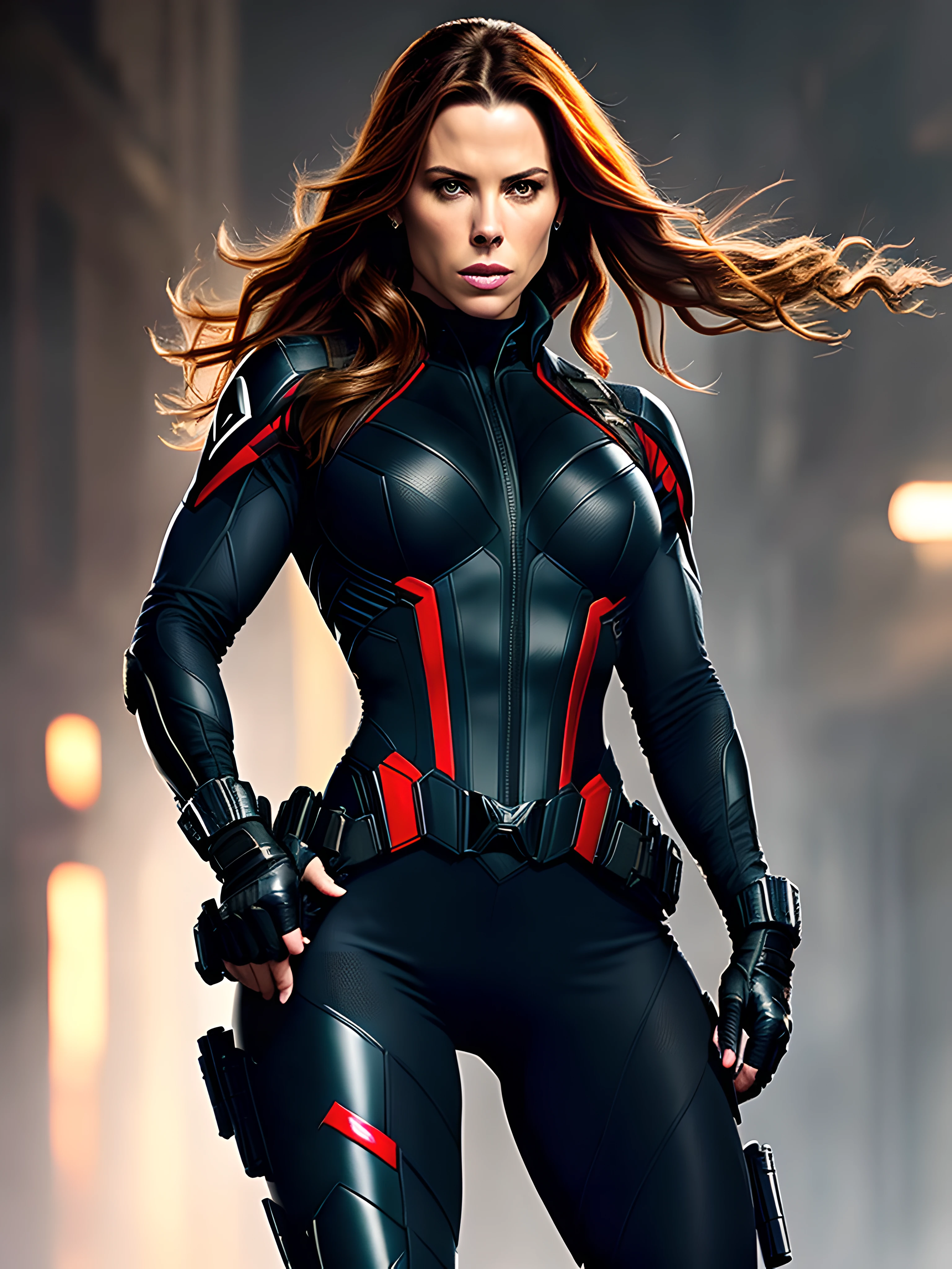 "Kate Beckinsale is Black Widow, wearing a Black Widow suit with sexy physique, young face, intricate Black Widow suit, long pony tailed hair, showcasing her strength and determination while walking forward. Ultra high definition and resolution, capture every detail of her intense expression and powerful stance. Photorealism brings her presence to life."