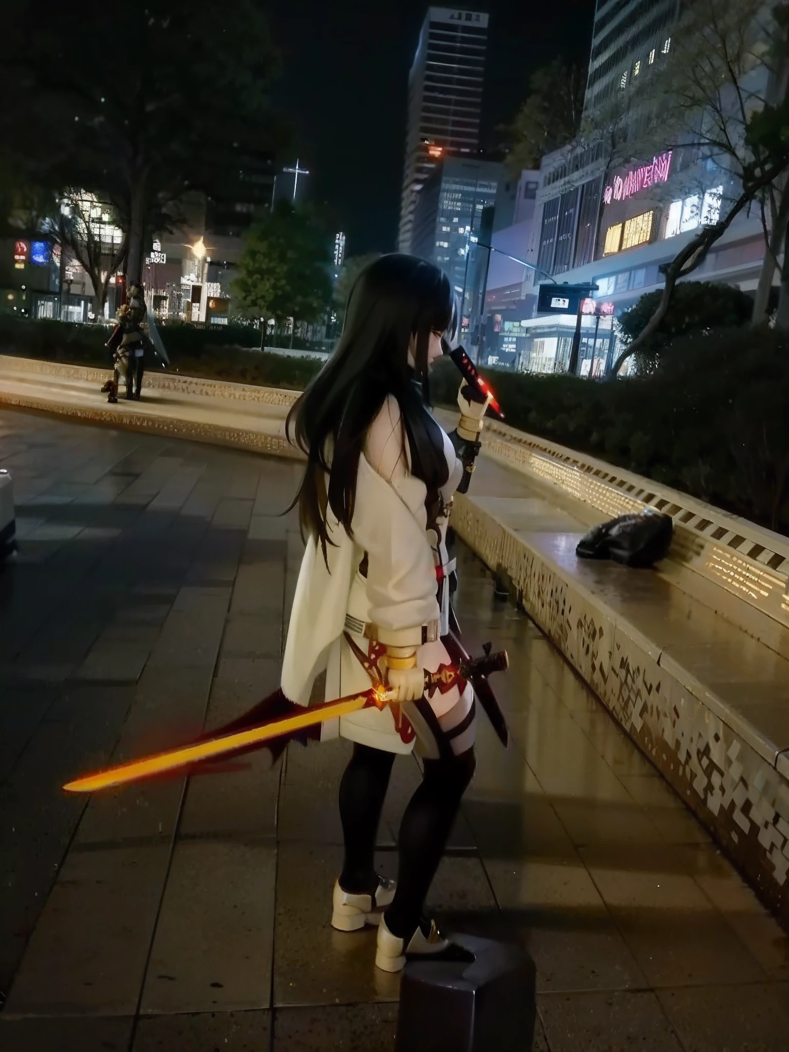 There was a woman holding a sword on the sidewalk, Anime cosplay, Anime girl cosplay, rpgmaker, she is holding a katana sword, with light-saber, she is holding a sword, Albedo from Overlord, with lightsaber sword, she is ready to fight, cosplay, while holding a sword, Holding a long sword, with large sword