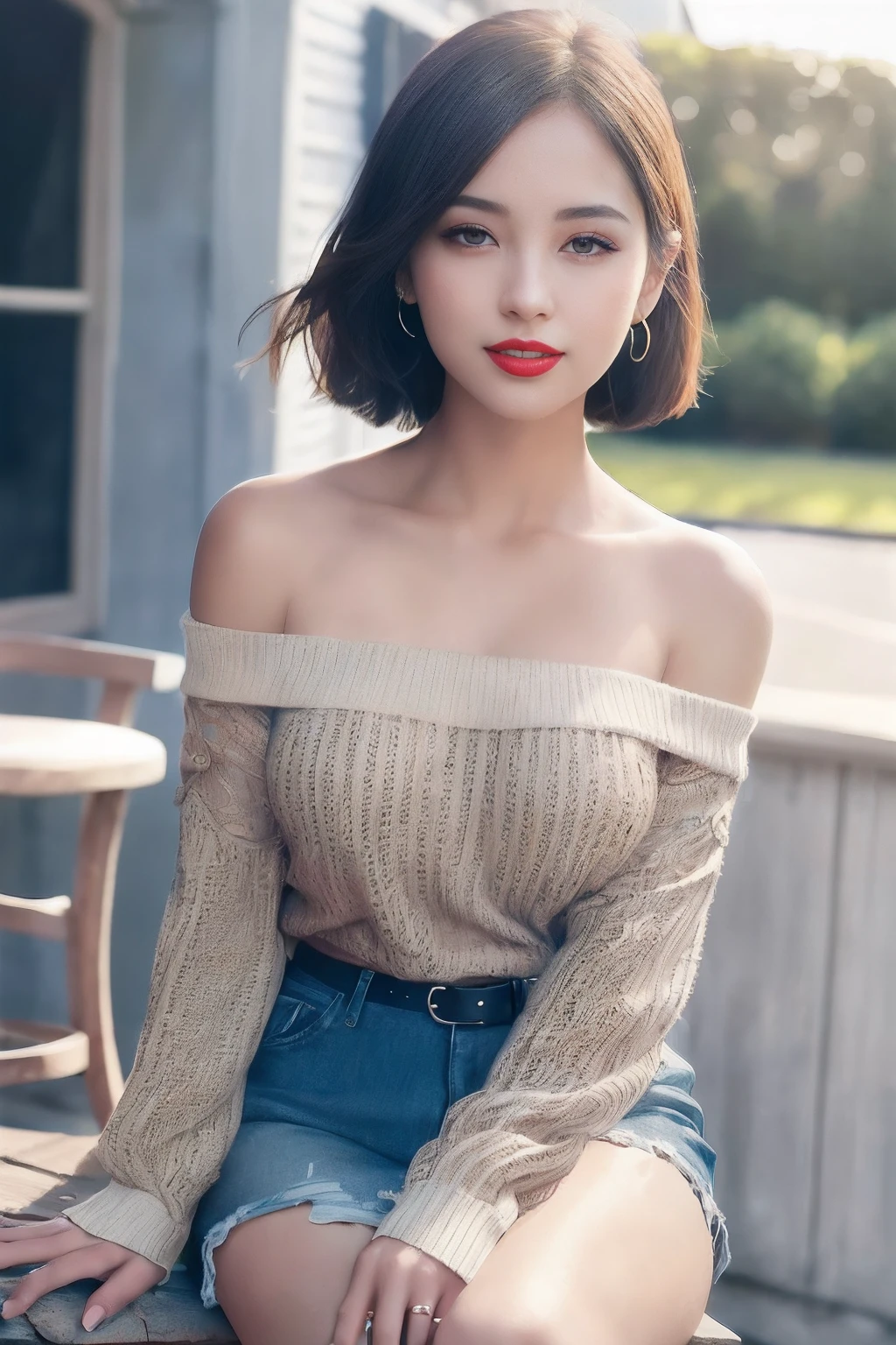 (intricate details:1.3), (best quality:1.2), (masterpiece:1.3), realistic, 8K UHD, High definition, High quality texture, intricate details, detailed texture, finely detailed, high detail, extremely detailed cg, High quality shadow, a realistic representation of the face, beautiful detailed, (high detailed skin, skin details), Detailed beautiful delicate face, face looking to the left, Detailed beautiful delicate eyes, a face of perfect proportion with smile, Film Grain, Depth of field, Cinematic Light, dramatic light, Lens Flare, Ray tracing, perspective, 20s, (photorealistic:1.2),
1girl, bare_shoulders, belt, black_footwear, blurry, blurry_background, bra_strap, breasts, building, coffee, collarbone, cup, day, disposable cup, full body, lips, lipstick, long sleeves, looking at viewer, makeup, off-shoulder shirt, off-shoulder sweater, off shoulder, outdoors, pantyhose, red lips, shirt, short hair, shorts, sitting, smile, solo, stool, striped, striped shirt