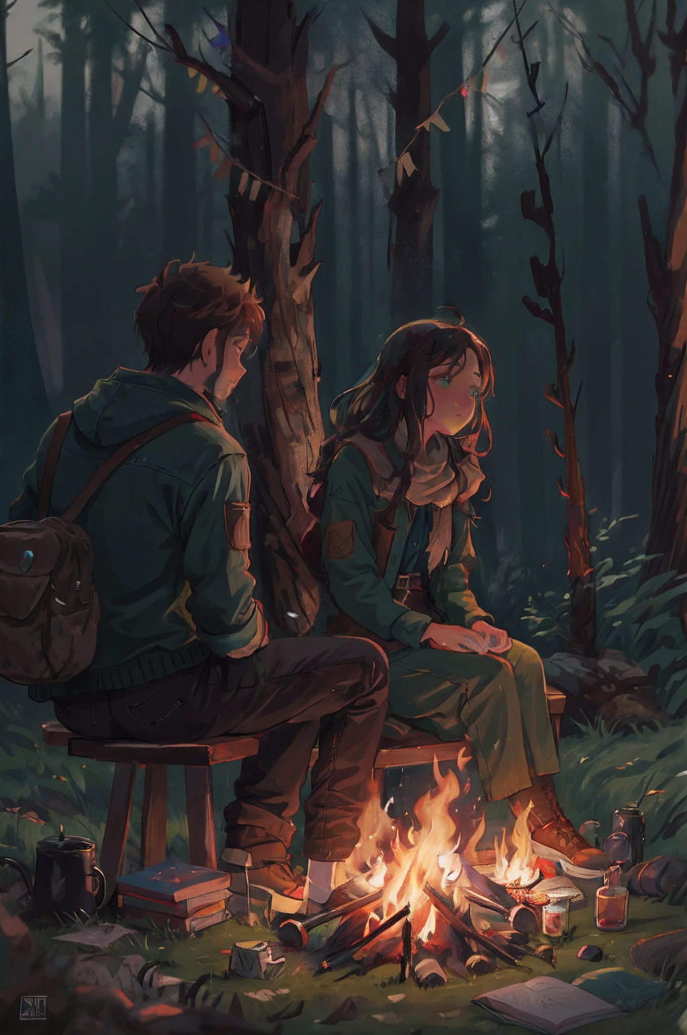 There are two people sitting around a campfire in the woods, arte do jogo de RPG, Anato Finnstark e Alena Aenami, Arte no estilo de Guweiz, em uma fogueira na floresta, rob rey and kentarõ miura, rob rey and kentarõ miura style, Artgerm e Atey Ghailan