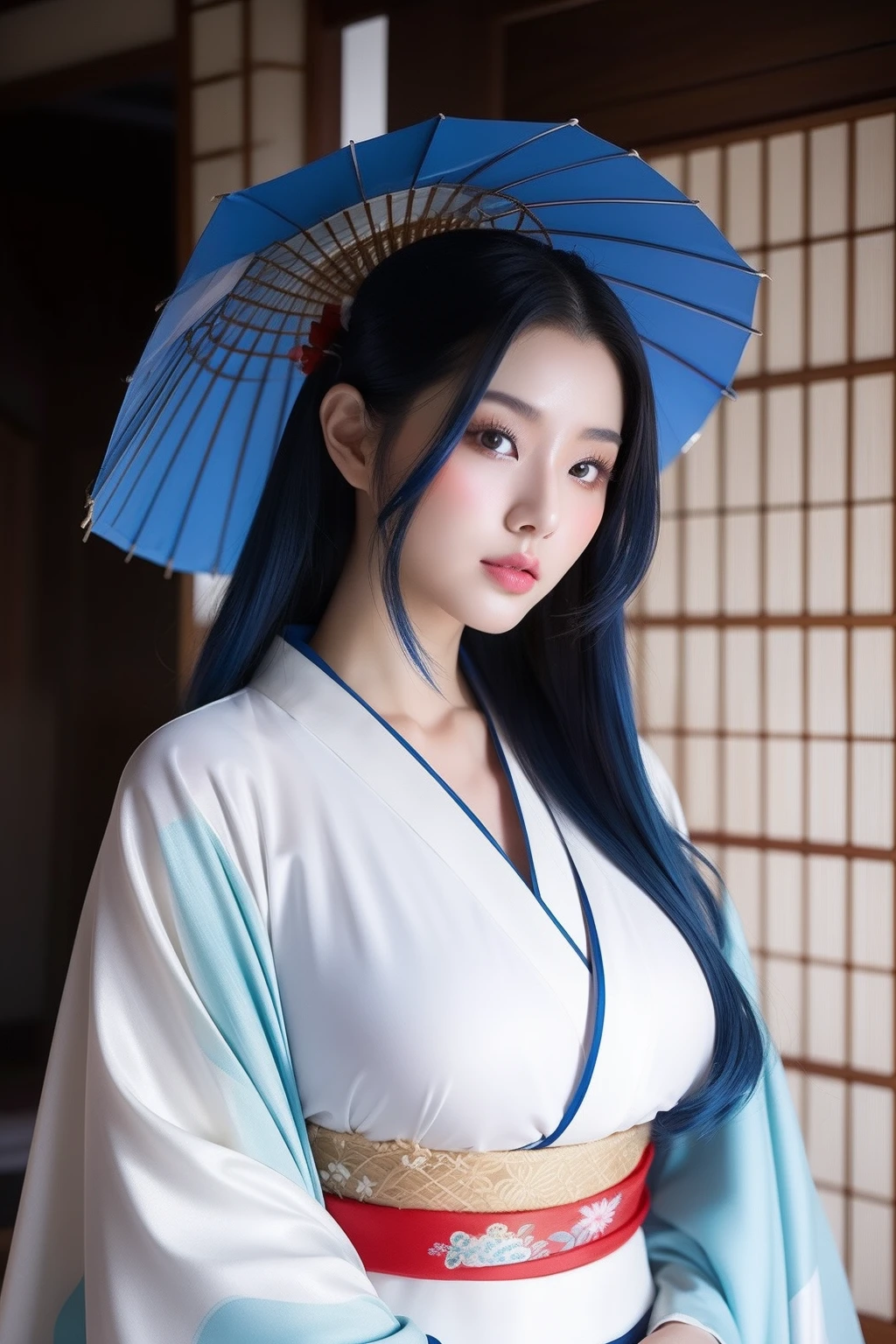 Beautiful sexy samurai bimbo, Beautiful face, long blue hair ( Hair fluttering in the wind ), delicate beautiful body, seductive body, wearing a sexy and seductive open kimono, huge breasts