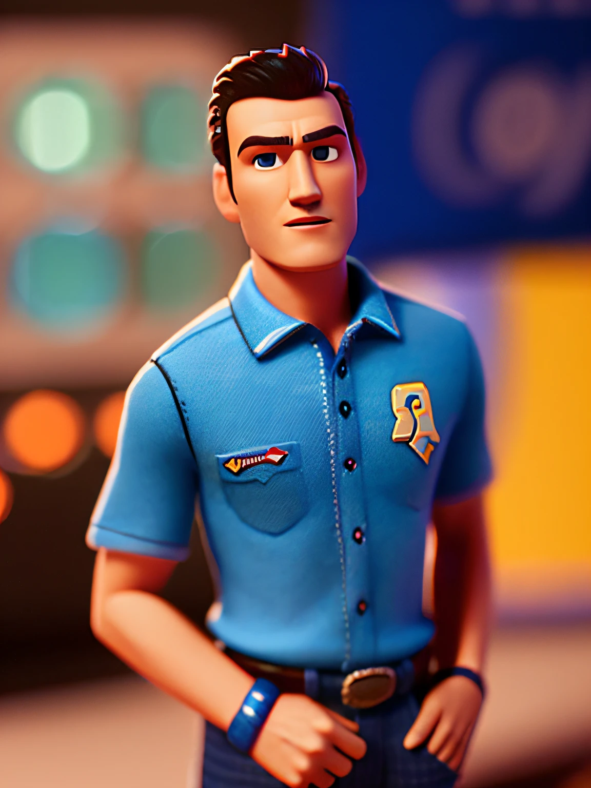 HOMEM, (estilo pixar) (obra-prima:1.2) (bokeh) (melhor qualidade) (pele detalhada) (textura detalhada) (8k) , WEARING A BLUE POLO SHIRT AND WEARING JEANS , (claymation) (cinematic lighthing) (foco nítido