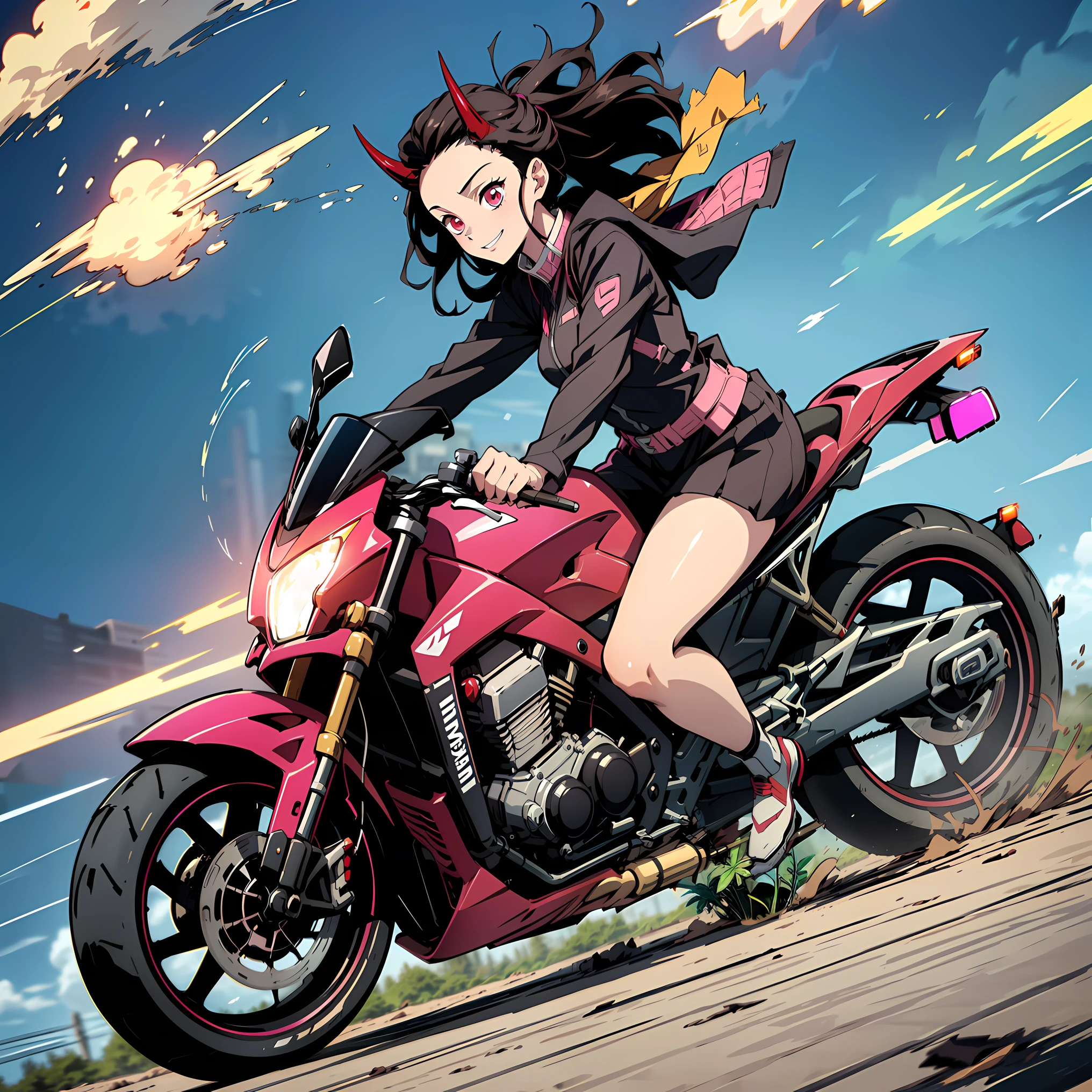 (masterpiece, best quality:1.2), kimetsu no yaiba style, kamado nezuko, (1girl, solo), 20years old, full body, (black and pink rider suit), (red demon horns, red eyes), evil smile, BREAK (driving motorcycle on the city with high speed, keep wheelie, yhmotorbike), (slow motion:1.3), (Motion blur:1.3), (speed lines:1.4), sense of speed, sparks and smoke coming out of tires