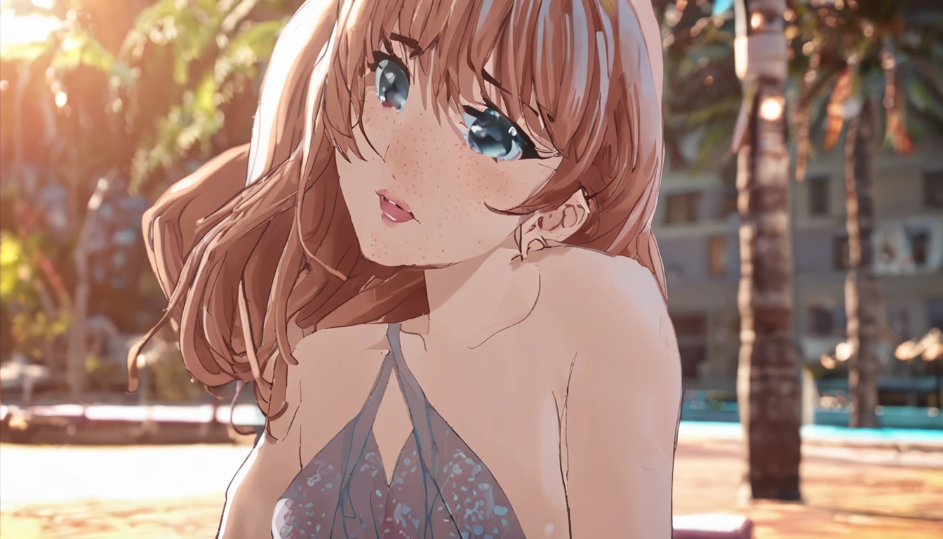 anime style:, NSFW::, masterpiece, best quality, ultra-detailed, bright, bright light, ray tracing, HDR, depth of field, perfect face:, detailed eyes:, big boobs::, 8k, HD, body full:, ultra-realistic face:, ray tracing, perfect lighting, sitting on a bench, tropical beach::, sunset, palm trees, wooden hut:, complex background:, deserted beach, best quality, ultra bright eyes -detailed, looking at viewer:, sexy smile::, 1girl, gyaru, mature woman::, nami, long hair, gradient hair, multicolored eyes, gradient eyes, bright eyes: 1.1, mascara, fashion makeup:, parted lips , pussy:, nipples:, tattoo:, super detailed background:, dynamic poses, 8k wallpaper: