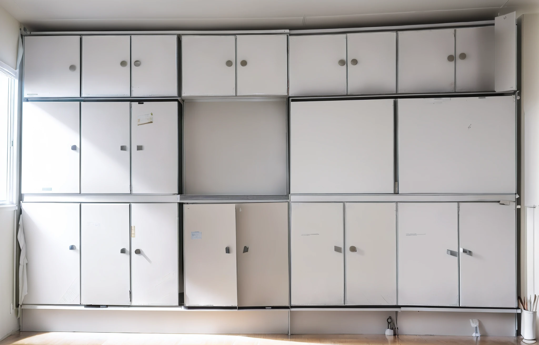 There are many white cabinets in the room with windows, cupboard, cabinets, Lockers, set photo, white board, Compartment, plaques, Wim Crowville, dress room, wood cabinets, in 2 0 1 2, cabinet furniture, Office cubicles, Neatness, Old lab cabinet, disrupt, in 2 0 1 5, interior photograph