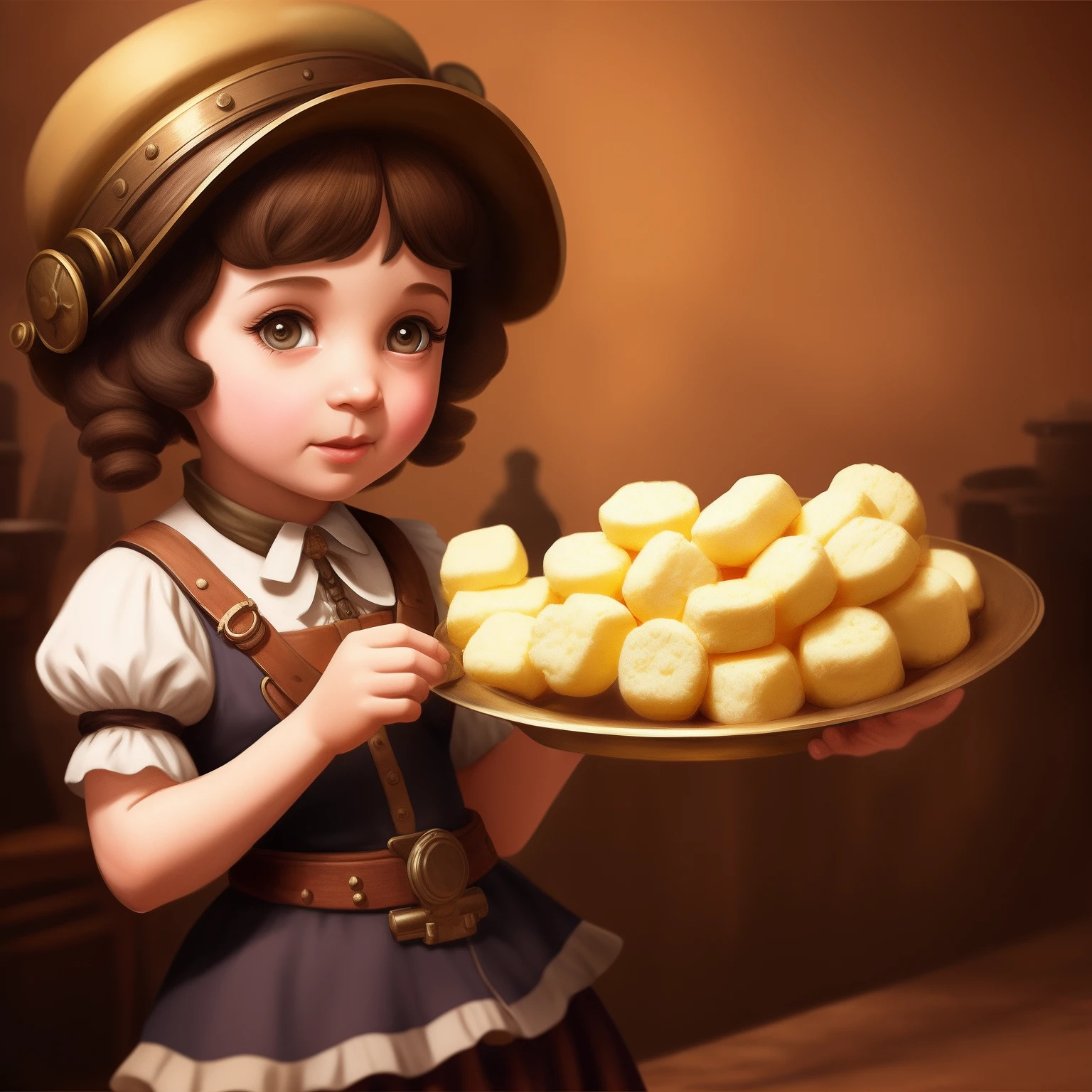 Adolph hitler dressed as little miss muffet, eating curds and whey, concept art, 4k, steampunk