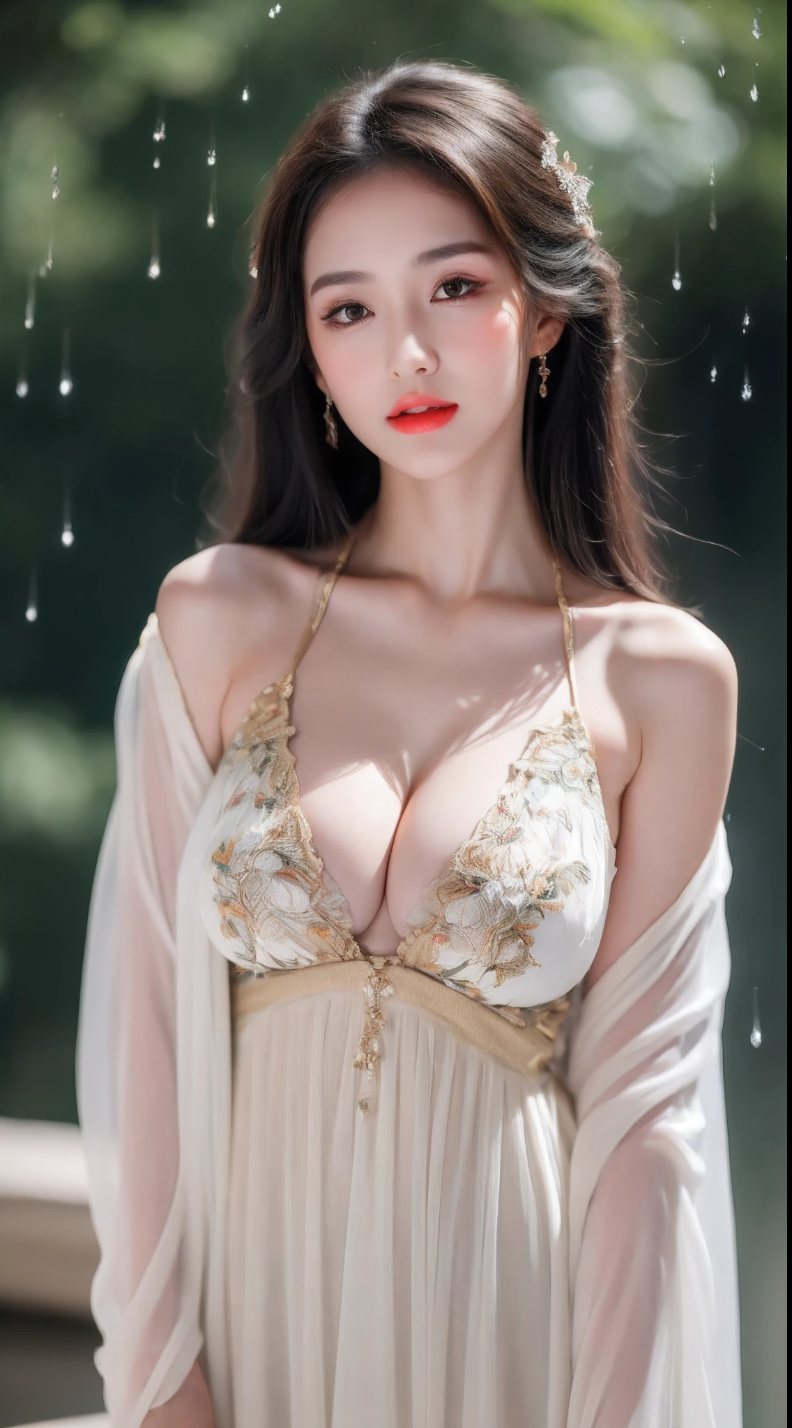 ((Best Quality, 8k, Masterpiece: 1.3)), Focus: 1.2, Perfect Body Beauty: 1.4, Buttocks: 1.2, ((Layered Haircut)), (Wet Clothes: 1.1), (Rain, Street:1.3), (Breasts: 1.2), (Hanfu: 1.2), Bare Shoulders, Bare Legs, Highly Detailed Face and Skin Texture, Fine Eyes, Double Eyelids, Whitened Skin, Long Hair, (Shut Up: 1.5), (Bokeh Background: 1.5), Big Breasts