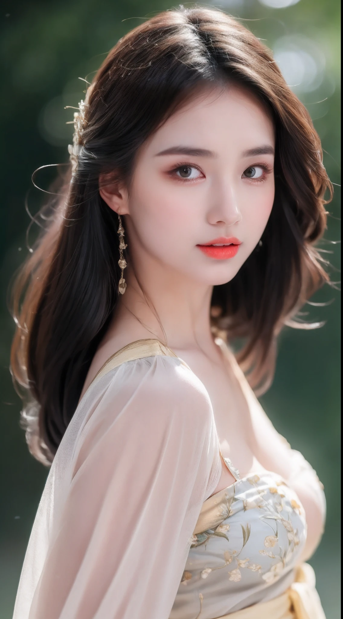 ((Best Quality, 8k, Masterpiece: 1.3)), Focus: 1.2, Perfect Body Beauty: 1.4, Buttocks: 1.2, ((Layered Haircut)), (Wet Clothes: 1.1), (Rain, Street:1.3), (Breasts: 1.2), (Hanfu: 1.2), Bare Shoulders, Bare Legs, Highly Detailed Face and Skin Texture, Fine Eyes, Double Eyelids, Whitened Skin, Long Hair, (Shut Up: 1.5), (Bokeh Background: 1.5), Big Breasts
