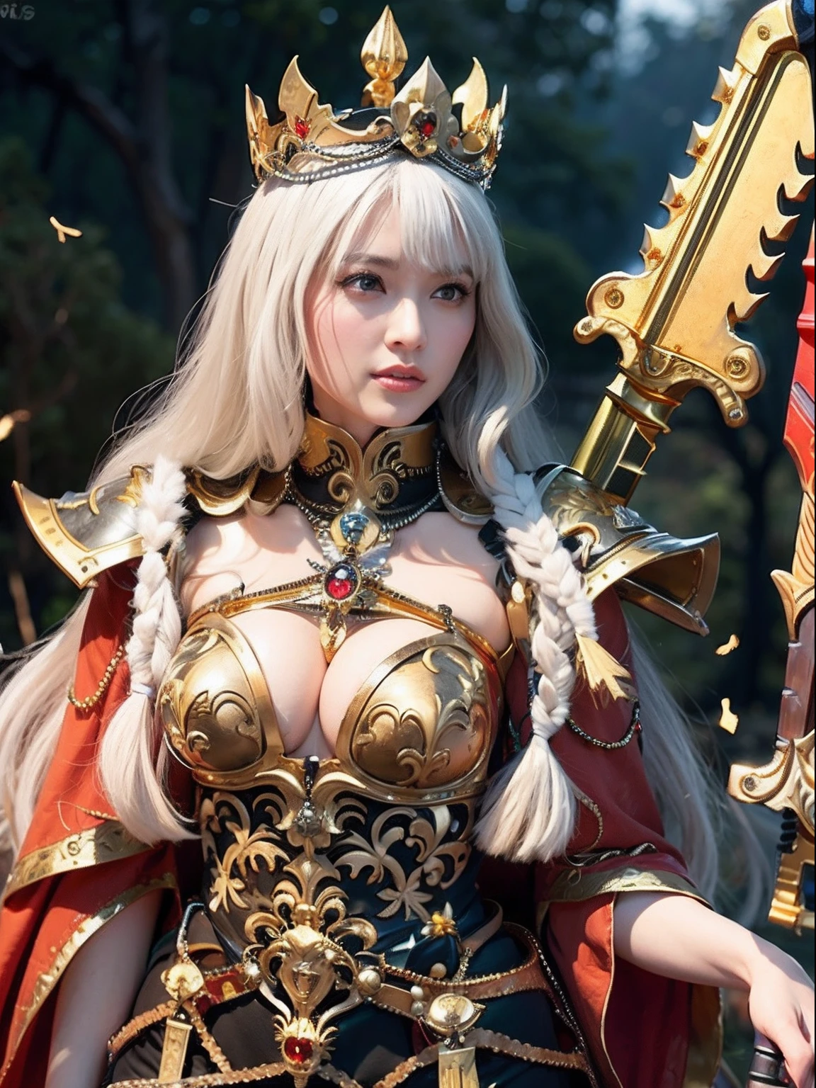 Professional , masterpiece、top-quality、photos realistic , depth of fields (Gemstone White Metal Body:1.9),(Matte White、Jewel Gold Weapon(Jewel Metal Body:1.4),Gorgeous metal weapons ,(( Detailed and gorgeous sword of the brave)) , Beautiful knife ,warhammer 40k ,Detail and ornate jewel crown、((Micro Bikini Armor))、((Gangle's forest background))、Beautiful Caucasian beauty、1a person、dynamic ungle,(((Detailed and ornate diamond crown)))、Smaller head、A smile、Background inside the castle、Thin and beautiful female hands、cleavage of the breast、Soldier in iron armor on background、Mystical expression、Light Effects、intense fighting、Wind-effect、magic circles、With the legendary magic wand、(wings of light)、Toostock、Anatomically correct body、