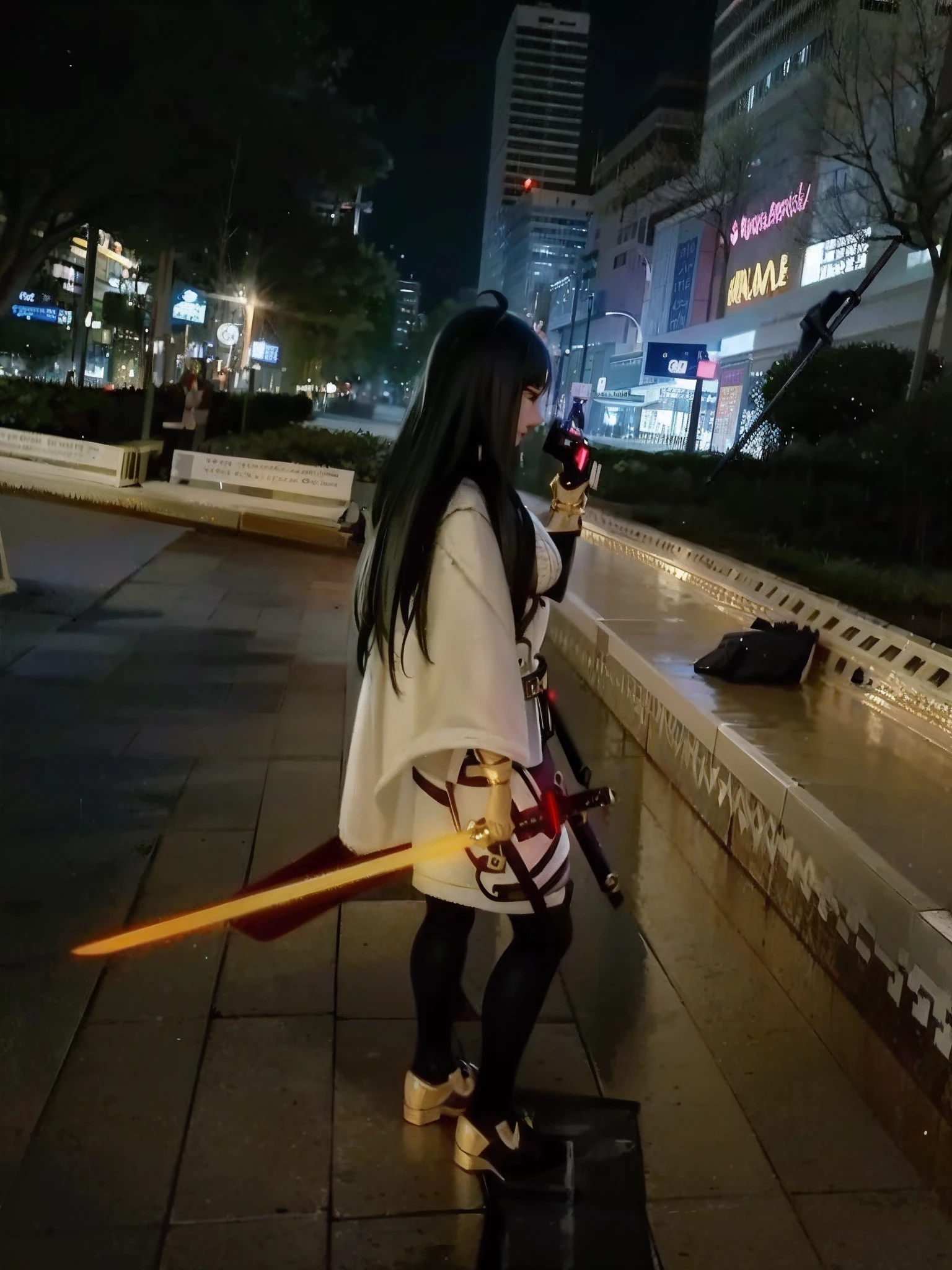 There was a woman holding a sword on the sidewalk, Anime cosplay, Anime girl cosplay, rpgmaker, she is holding a katana sword, with light-saber, she is holding a sword, Albedo from Overlord, with lightsaber sword, she is ready to fight, cosplay, while holding a sword, Holding a long sword, with large sword