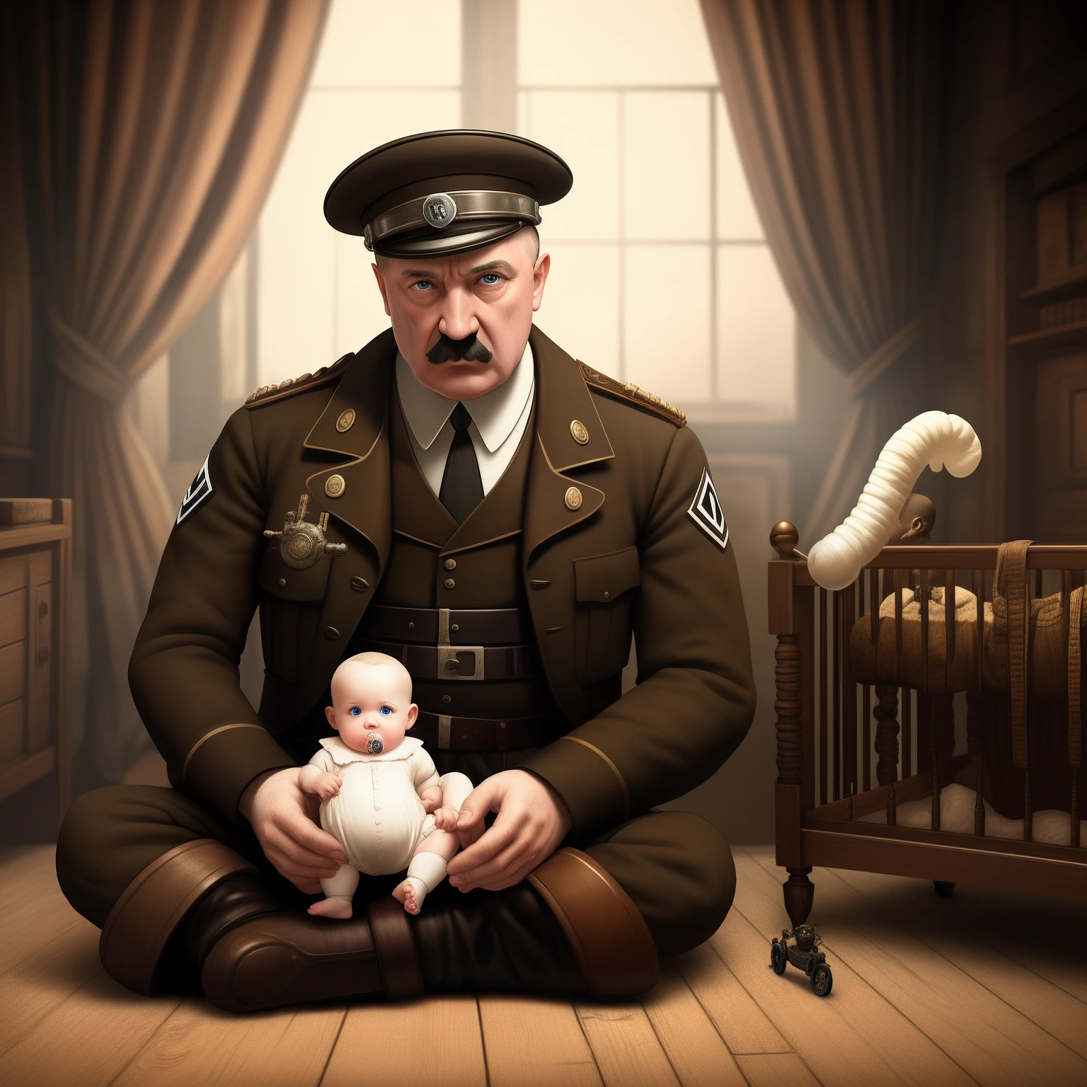 Adolph hitler in a crib, sucking on a penis pacifier, eating curds and whey, concept art, 4k, steampunk